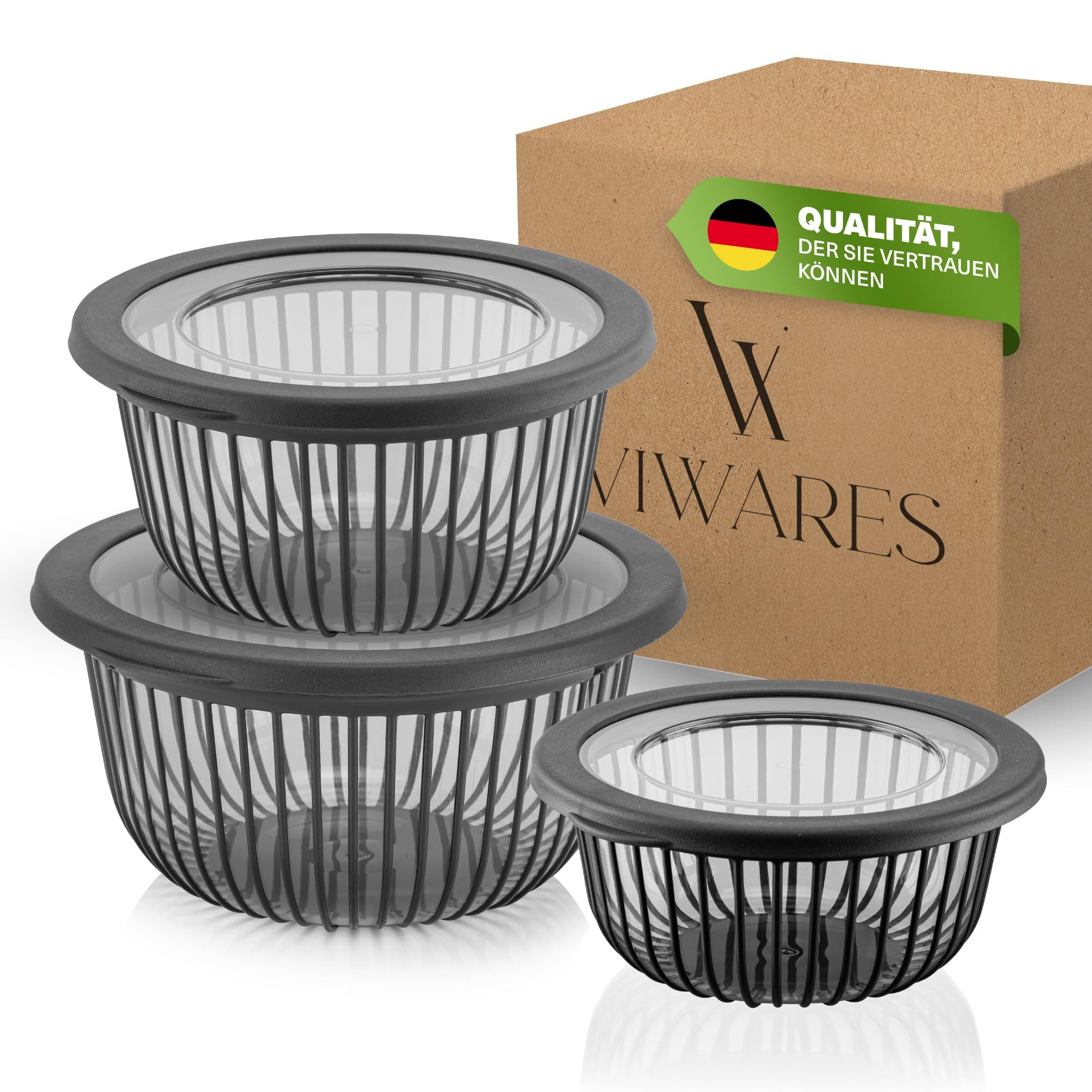 Viwares Schüssel Viwares Schüssel-Set 3er mit Deckel – 1, 2, 3 L Anthrazit, (3-tlg), Schüssel-Set 3er mit Deckel – 1, 2, 3 L Anthrazit