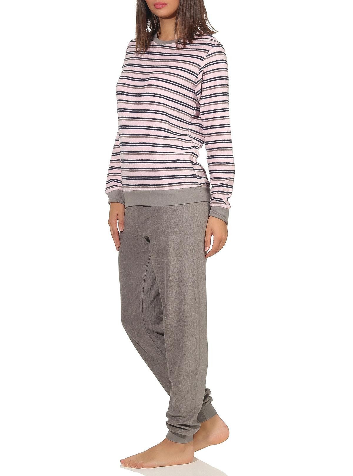 Pyjama Damen Frottee Pyjama lang Schlafanzug mit Bündchen in Streifenoptik