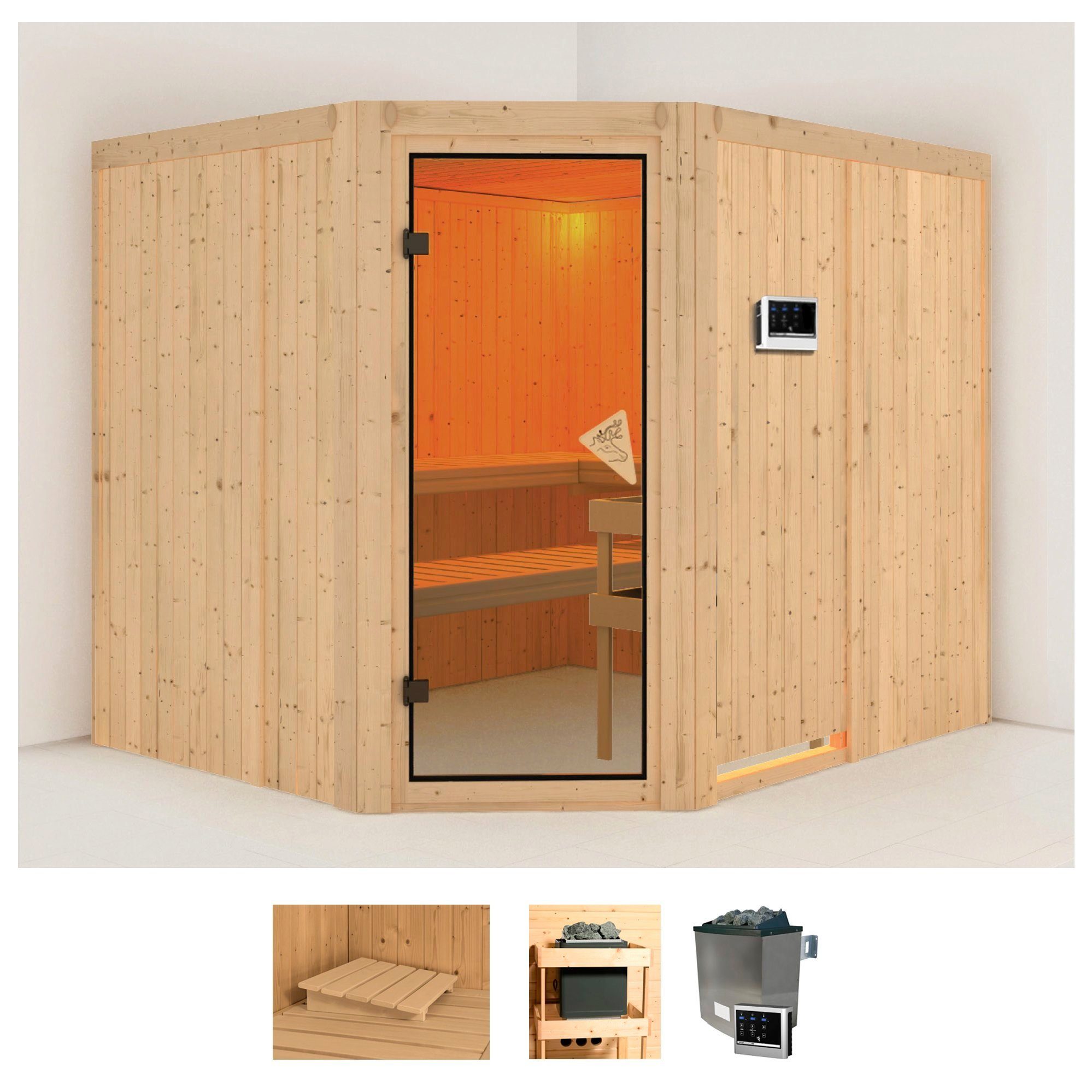 Karibu Sauna Marit, BxTxH: 231 x 196 x 198 cm, 68 mm, (Set) Ofen 9 KW externe Strg easy