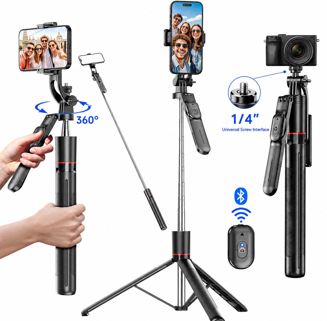 Fyrove Selfie-Stick 3 in 1 Selfie Stick 170 cm mit Stativ, Bluetooth Fernbedienung, Handyhalterung,360° drehbar,Handstativ für Selfies,Reisen und Vlog