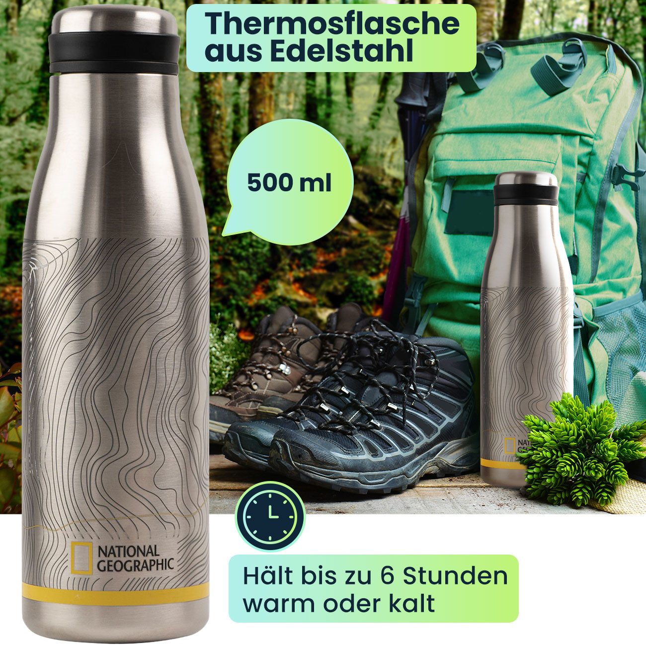 NATIONAL GEOGRAPHIC Thermoflasche National Geographic Thermosflasche 500ml, Edelstahl, Auslaufsicher, Edelstahl-Isolierflasche hält Getränke bis zu 6 Std. warm  – Bild 4 von 5