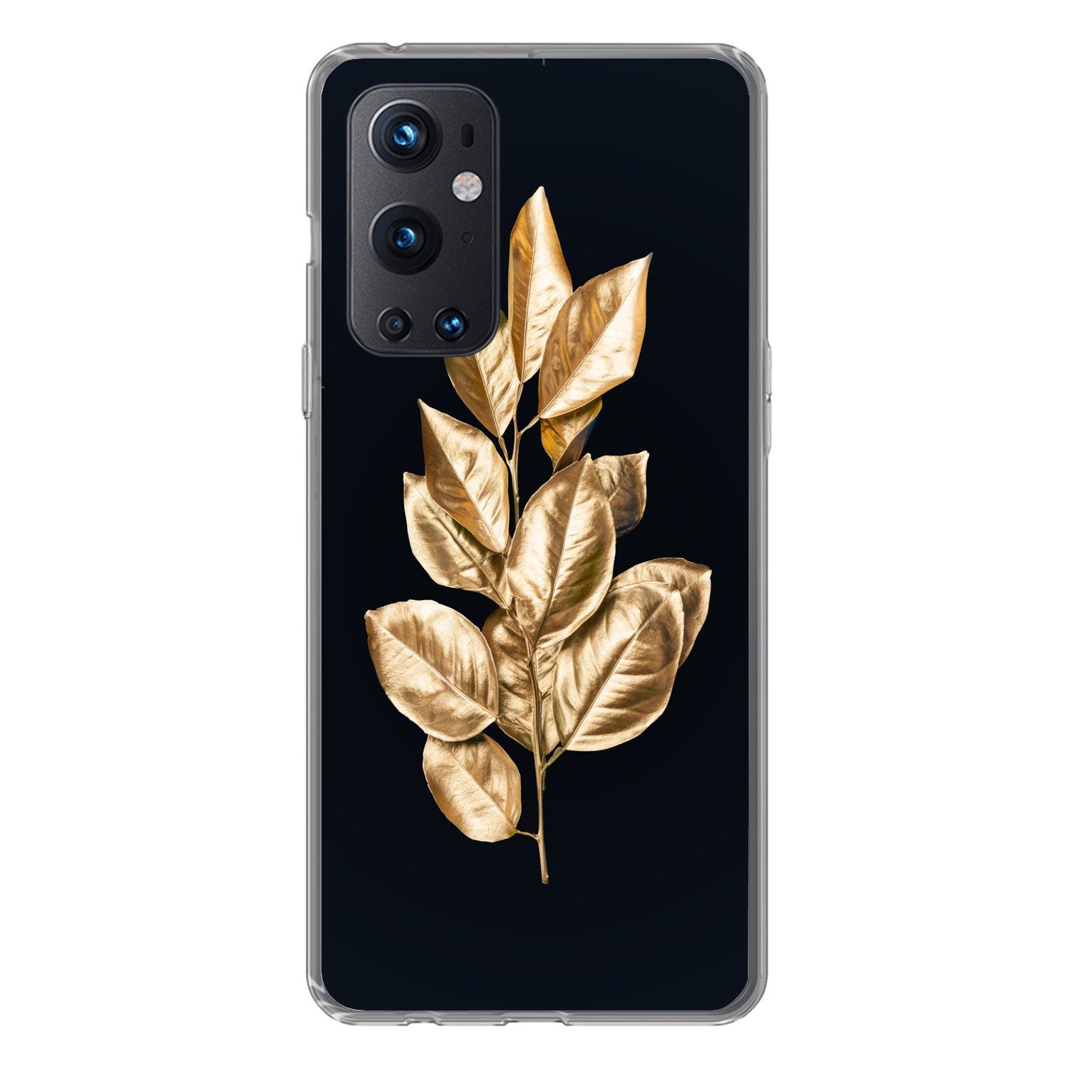 MuchoWow Handyhülle für OnePlus 9 Pro Pflanze - Blätter - Gold - Schwarz - Luxus, Phone Case, Silikon, Schutzhülle Dünn