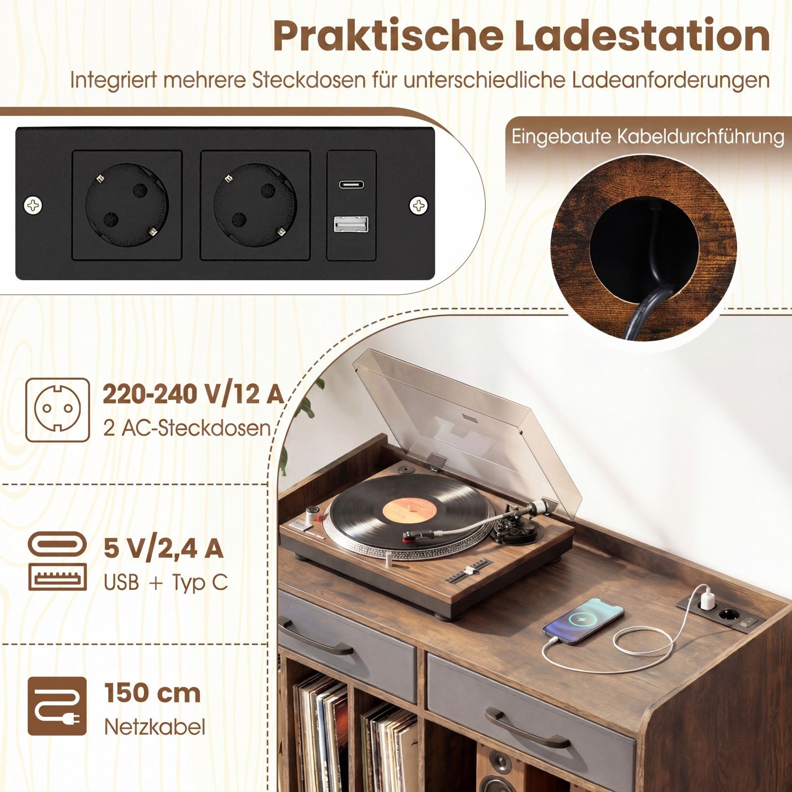 COSTWAY Sideboard Plattenspieler Tisch mit Steckdosen, Schallplattenregal, Plattenständer – Bild 5 von 5