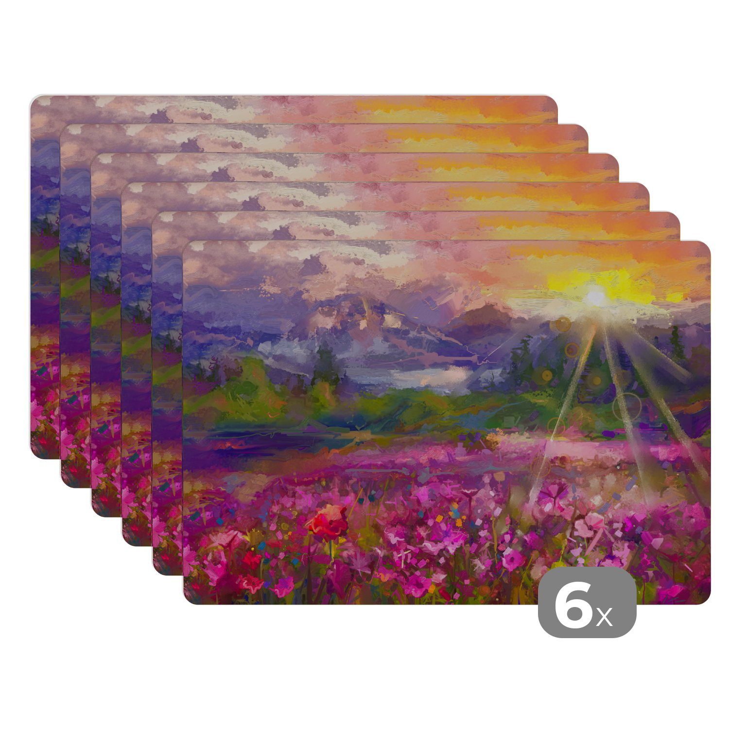 Platzset, Gemälde - Ölfarbe - Blumen - Natur - Sonne, MuchoWow, (6-St), Platzset, Platzdecken, Platzmatte, Tischmatten, Schmutzabweisend