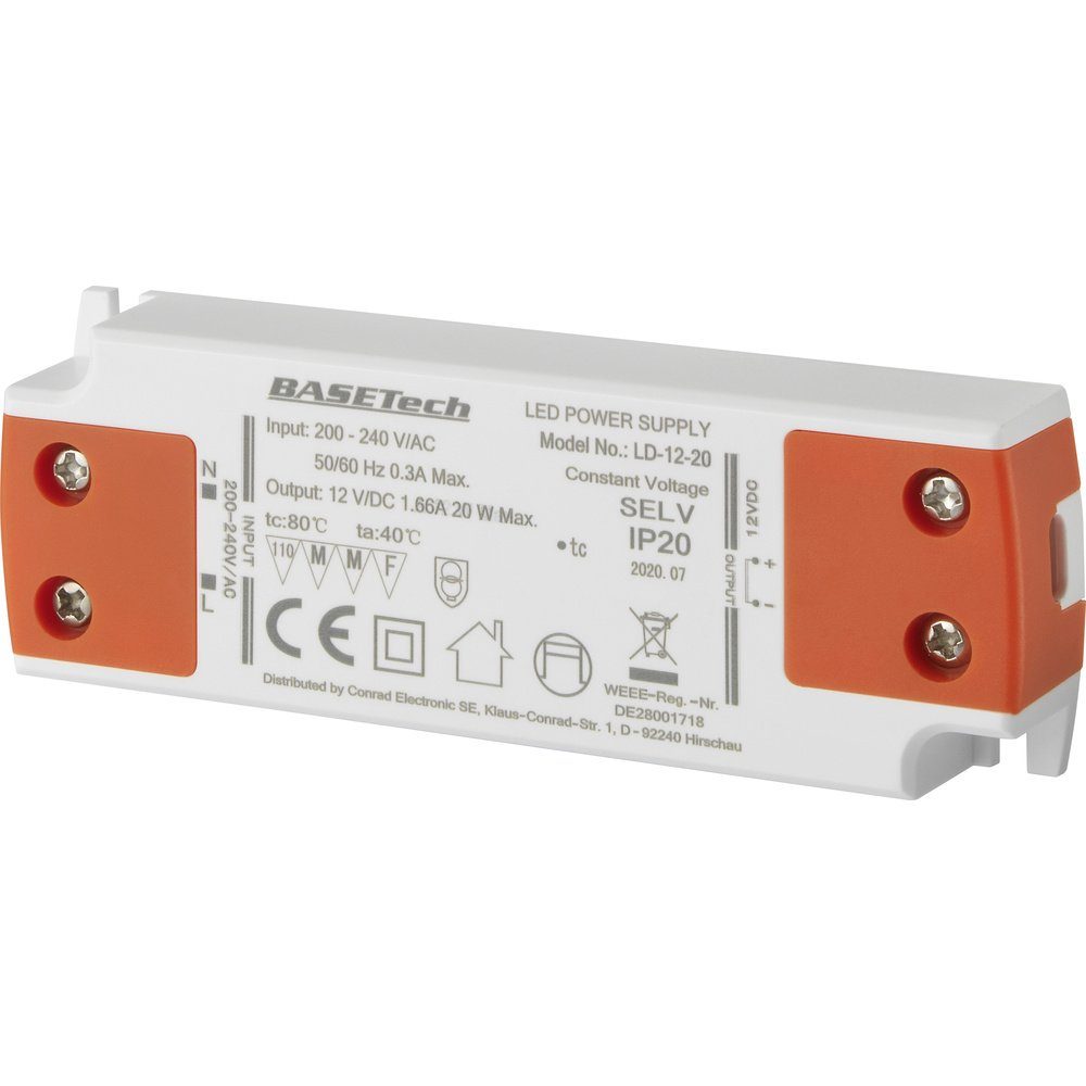Basetech LD-12-20 LED-Trafo Konstantspannung 20 W 1.66 A Möbelzulass LED Trafo