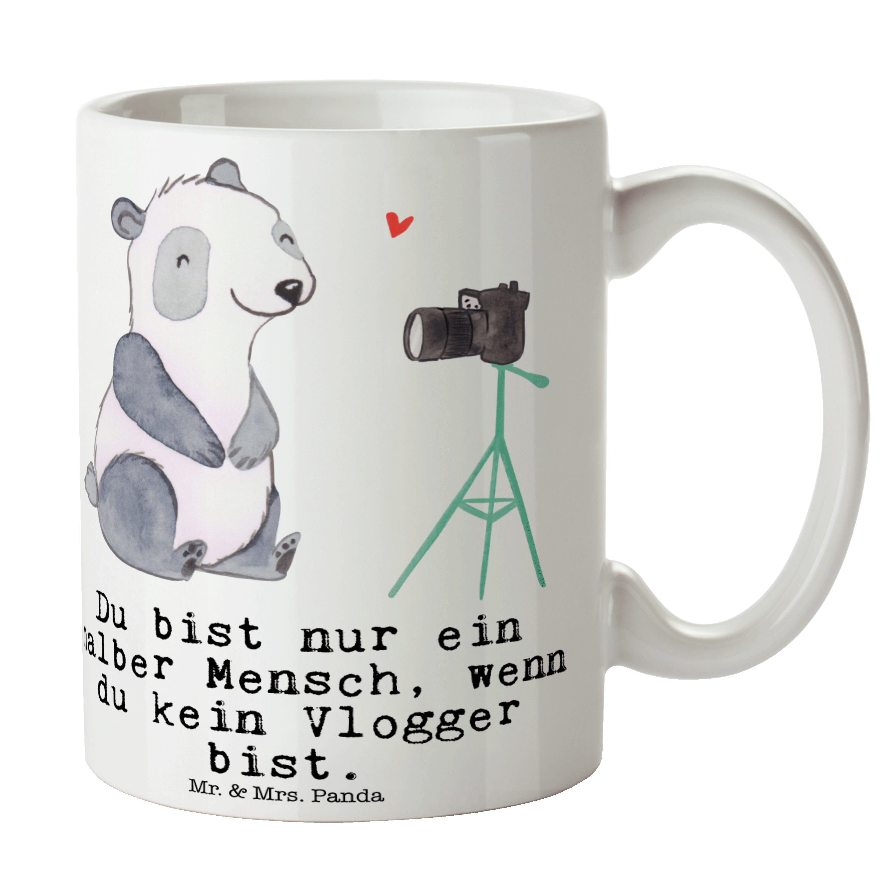 Mr. & Mrs. Panda Tasse Vlogger mit Herz - Weiß - Geschenk, Rente, Teebecher, Tasse Sprüche, Keramik