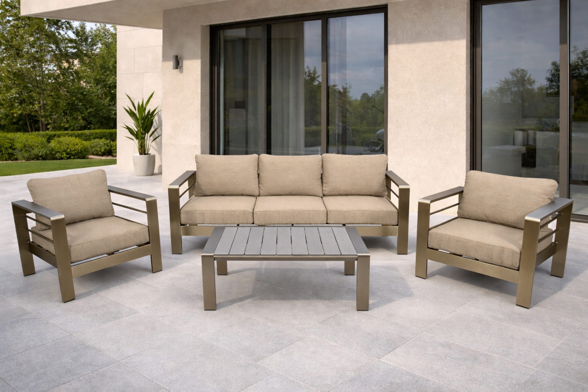 DEGAMO Loungeset CANNES, Armlehnen grau, (2x Sessel, 1x Sofa 207cm, 1x Tisch 106x60cm), Aluminium gebürstet, Kunstholz grau, wetterfest