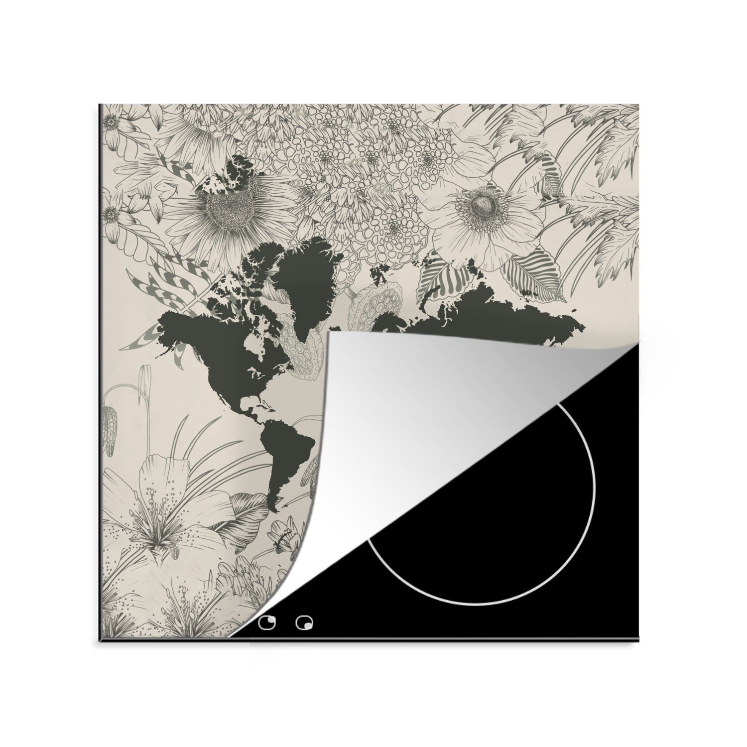 für Arbeitsplatte Grau Blume, tlg), küche - Weltkarte cm, MuchoWow Ceranfeldabdeckung, Vinyl, - 78x78 (1 Herdblende-/Abdeckplatte