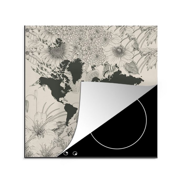 MuchoWow Herdblende-/Abdeckplatte Weltkarte - Grau - Blume Vinyl (1 tlg) Ceranfeldabdeckung Arbeitsplatte für küche