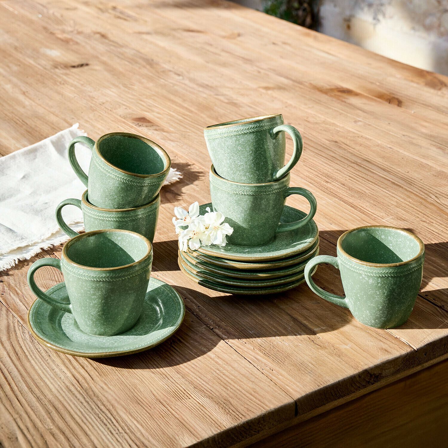 Mirabeau Geschirr-Set Tasse mit Untertasse 6er Set Norrvik grün, Steinzeug