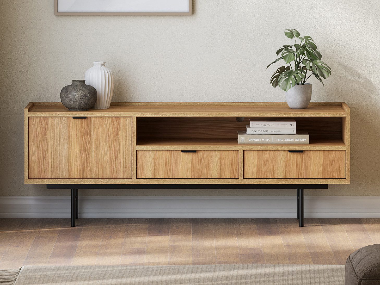 Beautysofa TV-Schrank Evron mit 2 Schubladen, Türen und offene Ablage (zwei moderne Farben zur Auswahl) Breite: 200 cm oder 150 cm