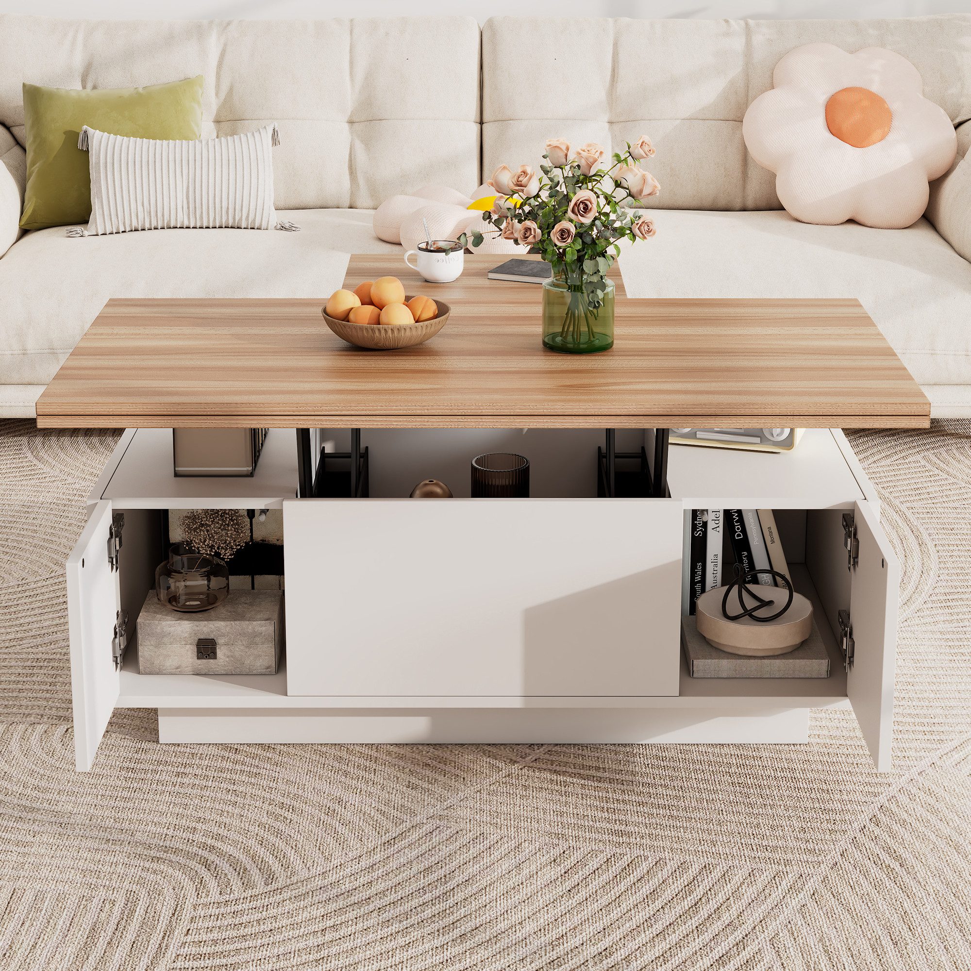 Merax Couchtisch Höhenverstellbarer Kaffeetisch mit Verstecktem Stauraum und Ablage (1-St., 100x50x43cm), Ausziehbarer Wohnzimmertisch Sofatisch für Wohnzimmer – Bild 4 von 5
