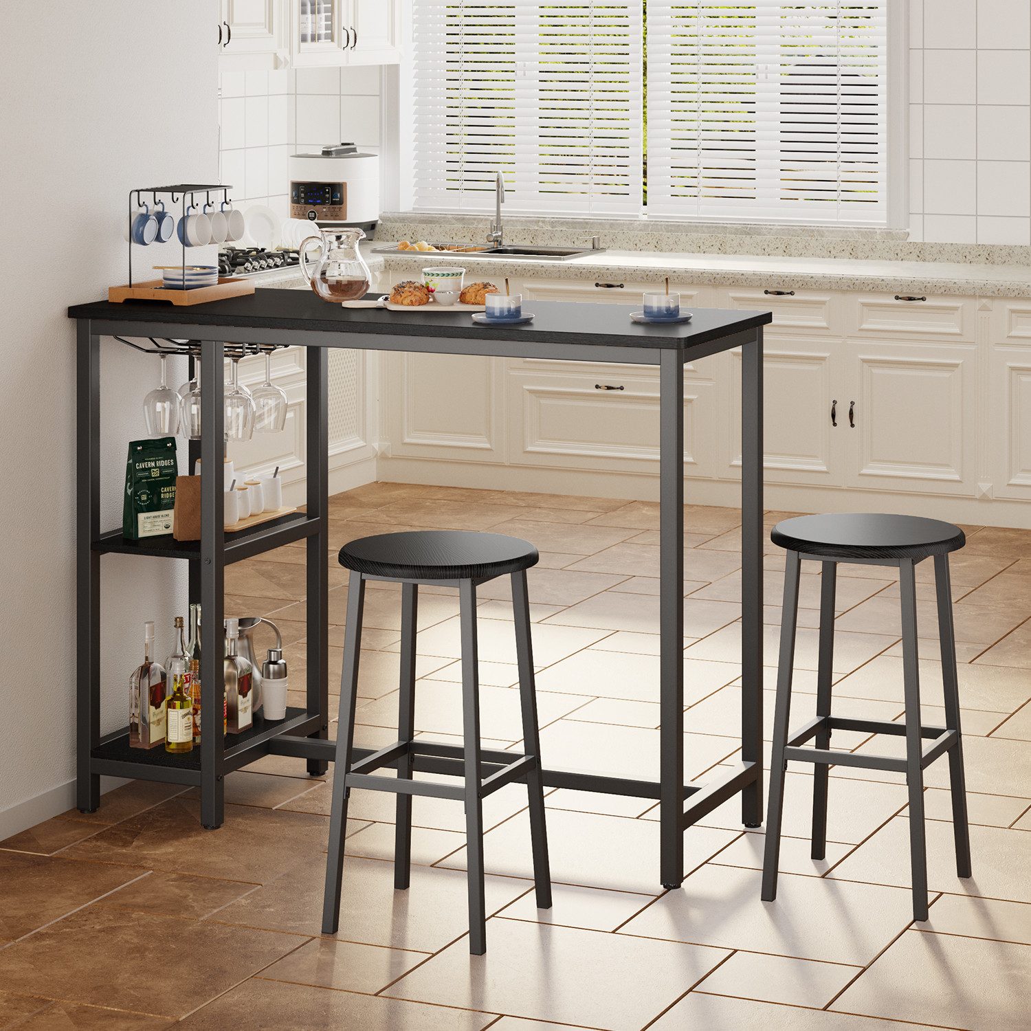 Blishom Bartisch Bartisch-Set mit 2 Barhockern und Ablagen, Das Weinregal ist zerlegbar, 120 x 40 x 90 cm