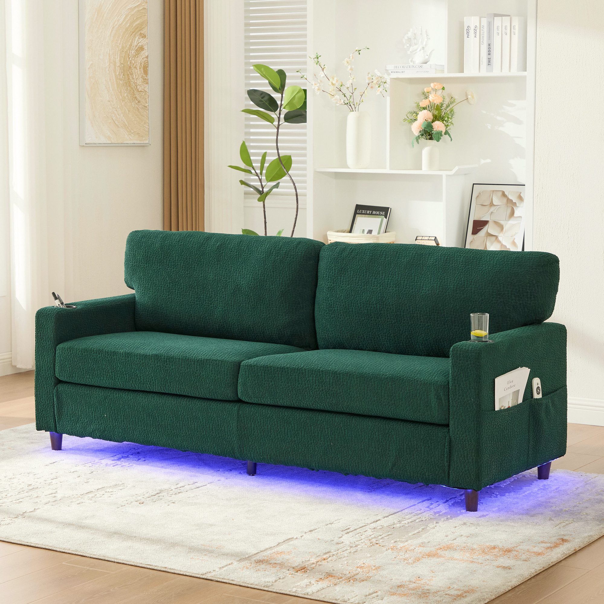 STILVORA Sofa mit USB&LED,Zweisitzer Relaxsofa mit Getränkehaltern&Seitentaschen, 2-Sitzer-Sofa aus Chenille mit LED-Ambientebeleuchtung, USB-C-Anschluss, Getränkehaltern und Seitentaschen