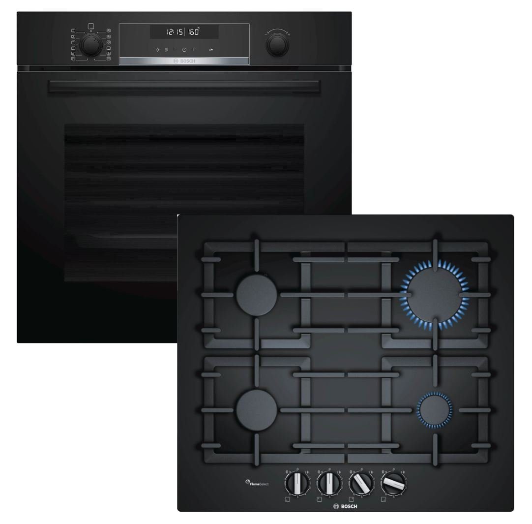BOSCH Backofen-Set Pyrolyse Hydrolyse 71L + Gas-Kochfeld schwarz autark 60cm NEU