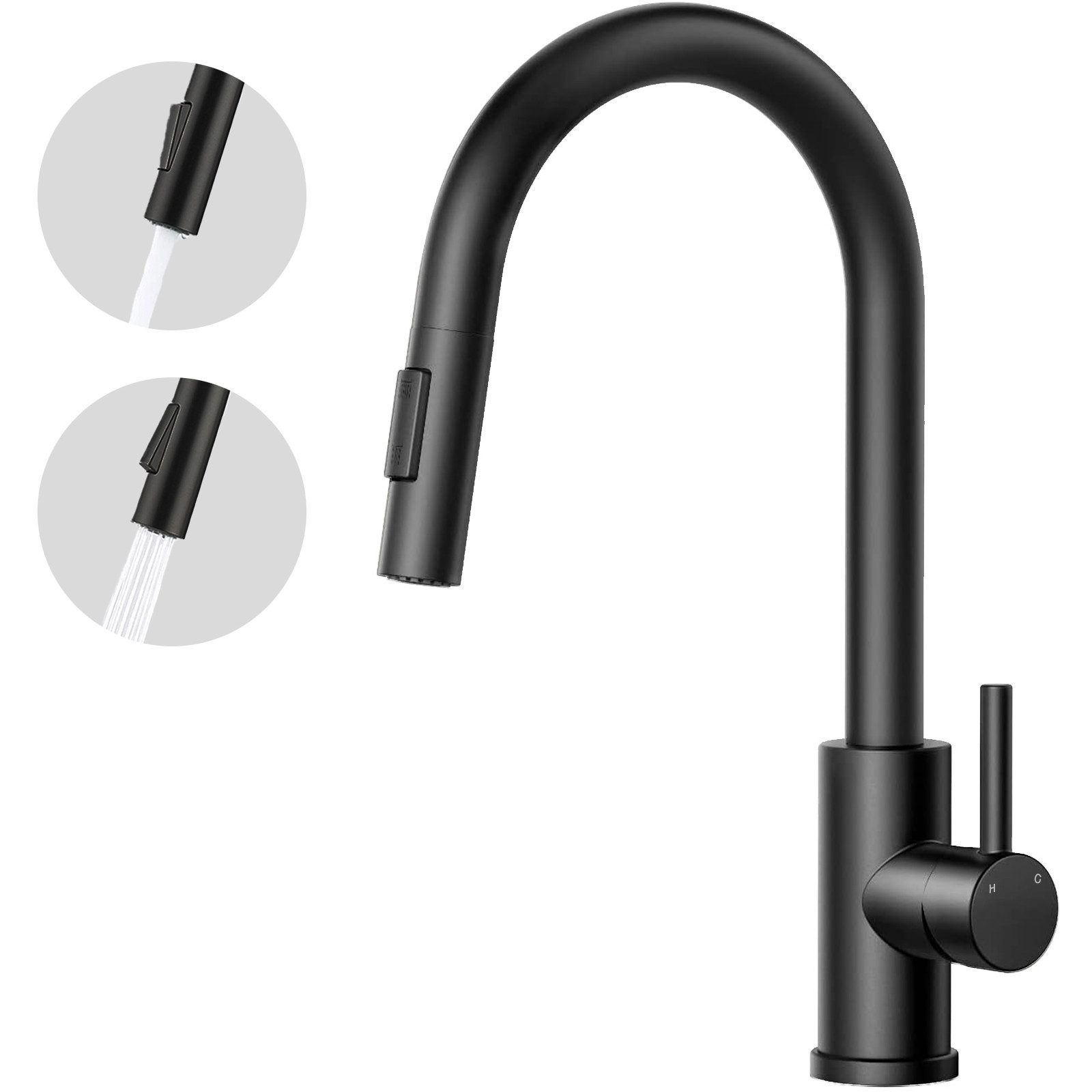 AICA Küchenarmatur Wasserhahn Küche mit Hochdruck, ausziehbar & 360° schwenkbar Einhebelmischer mit 2 Strahlarten, Mischbatterie für Spüle