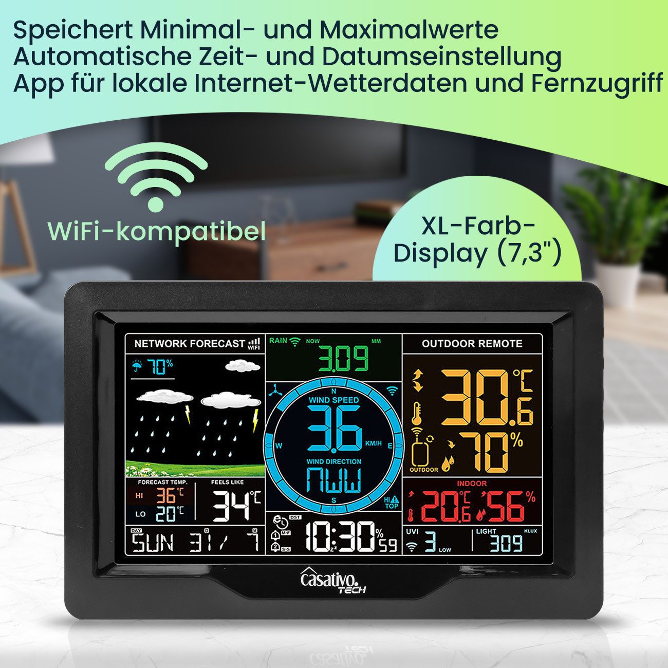 Casativo Premium WLAN Wetterstation m. XL-Farbdisplay, Aussensensor Außenwetterstation (Messung von Temperatur, Regenmenge, Windgeschwindigkeit, Luftdruck)