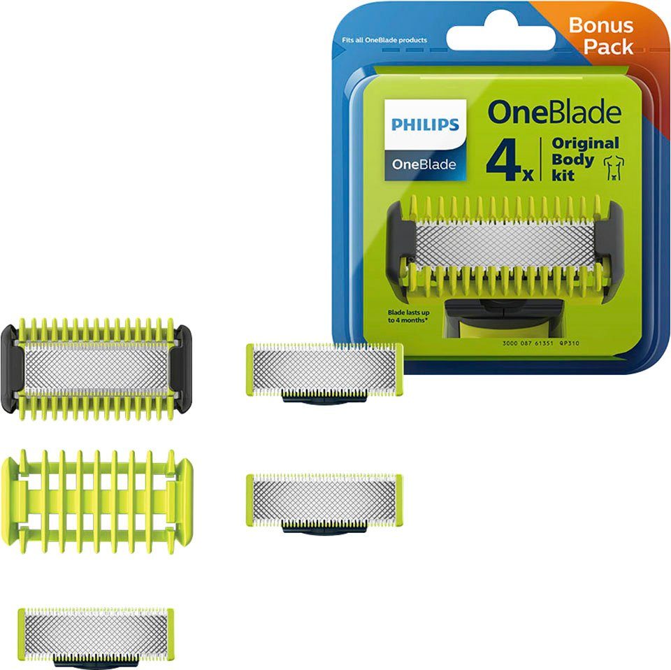 + 5 hält Monate St., OneBlade Face passend für QP310/50, 4 Set Philips Ersatzscherköpfe Klinge eine Handstücke, alle zu OneBlade bis Body Set,