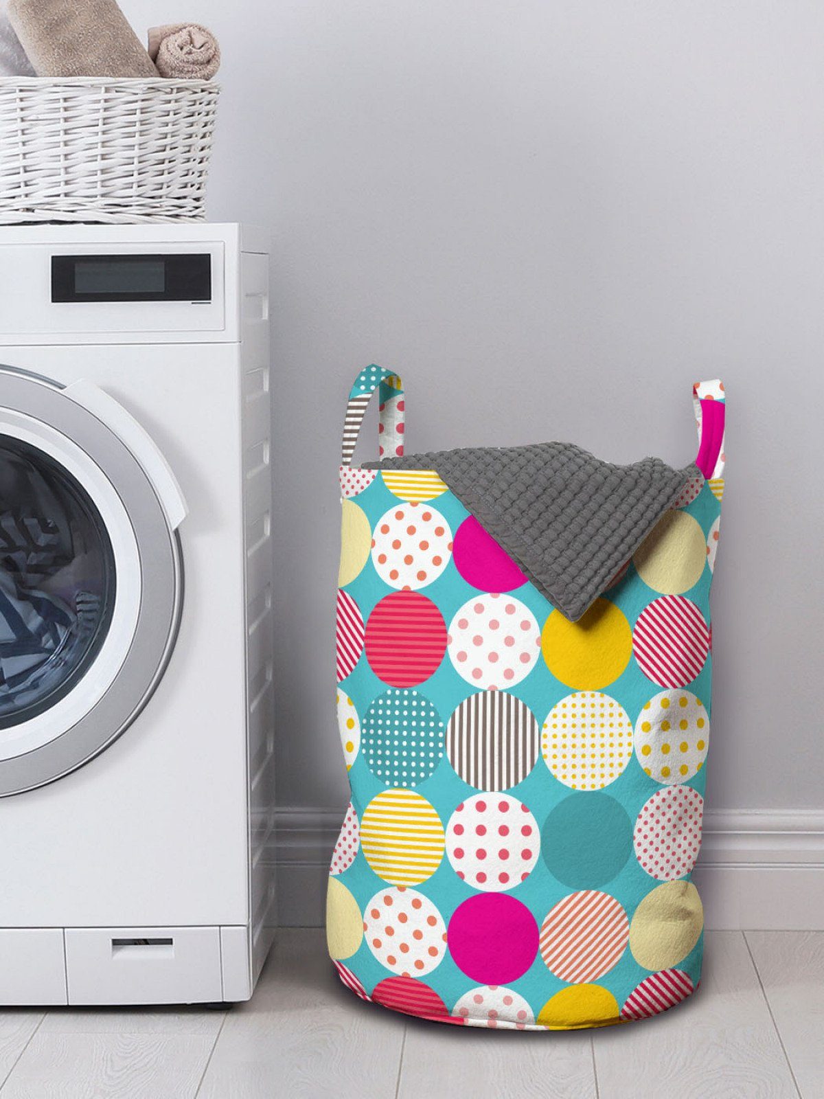 Wäschesäckchen Wäschekorb Streifen für Waschsalons, Abakuhaus Kordelzugverschluss mit Griffen mit Tupfen Jahrgang