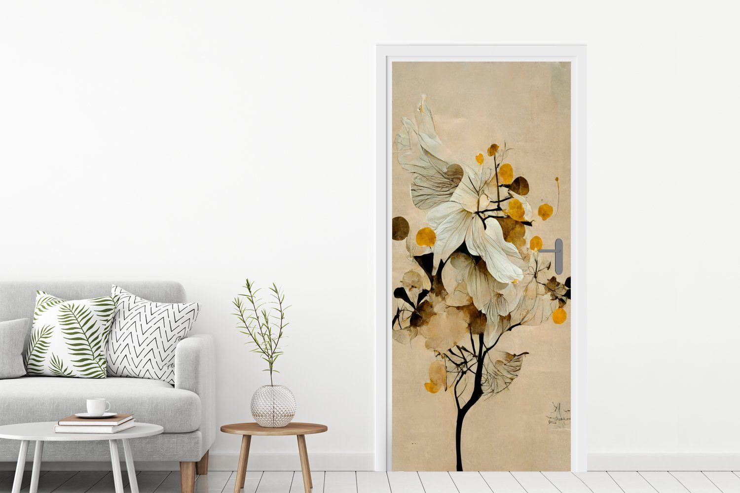 cm Vintage, MuchoWow Tür, Blumen 75x205 Matt, bedruckt, - Gold Türaufkleber, Türtapete (1 - Fototapete Pflanzen - St), für