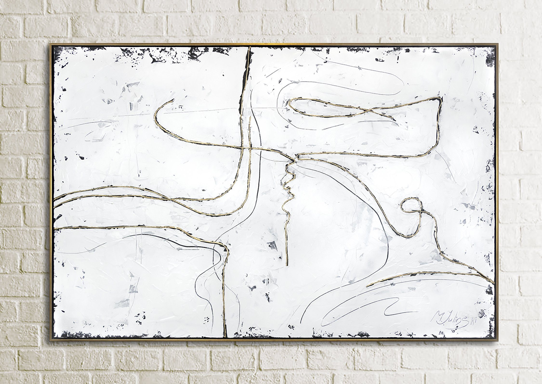 Rahmen Gemälde Weiß Abstraktion, Goldenen Leinwand Bild YS-Art Handgemalt mit Fäden, Gold Schwarz Abstraktes