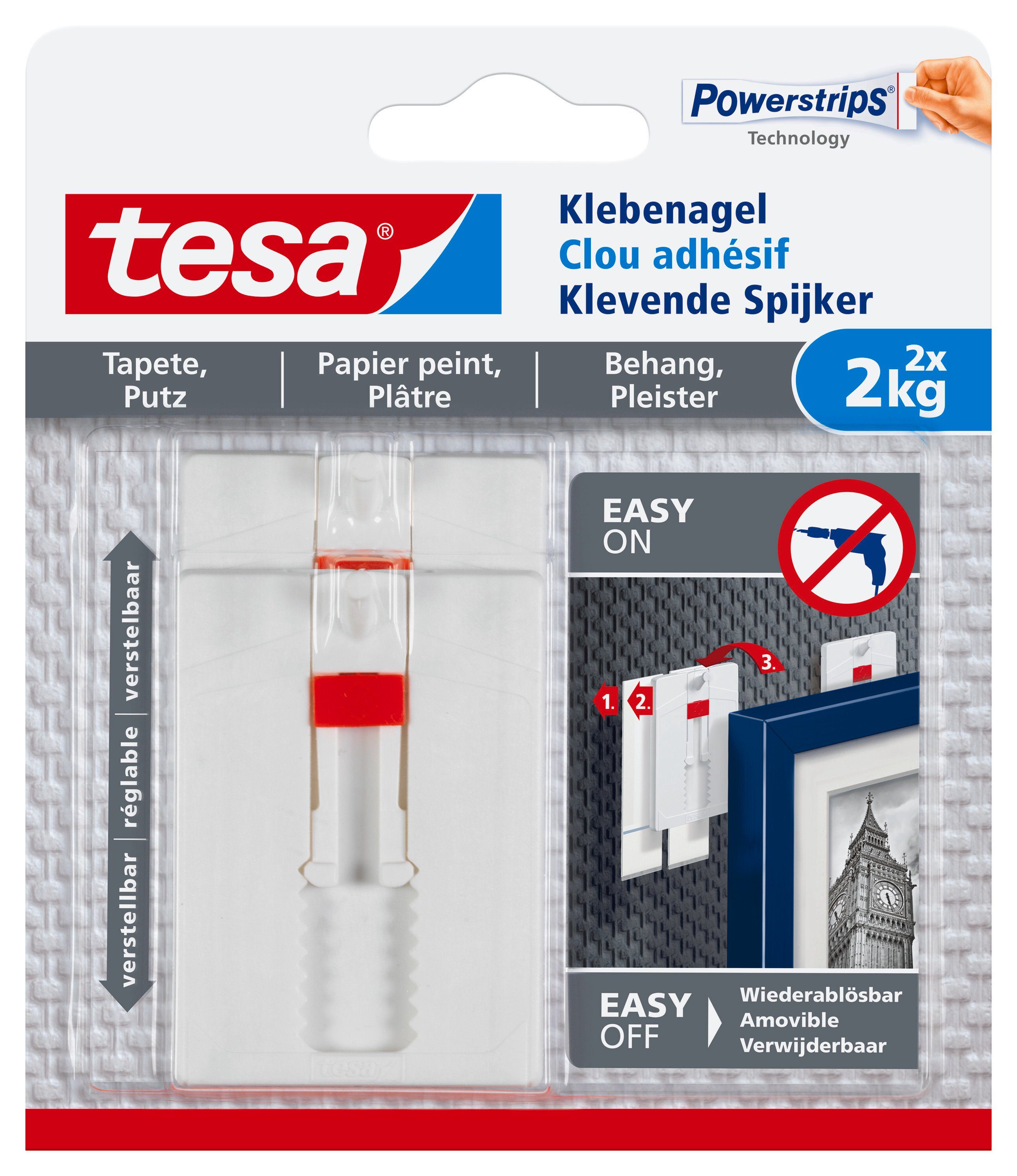 tesa Klebehaken Klebenagel mit max. 2 kg Haltekraft für Bilder - verstellbar, Dekoration, Bilder, Leinwände, Lichterketten, Girlanden, (Spar-Set, 2-St., inkl. Powerstrips), Klebenagel - POWERSTRIPS Doppelseitig - Tapete & Putz - 2er Pack