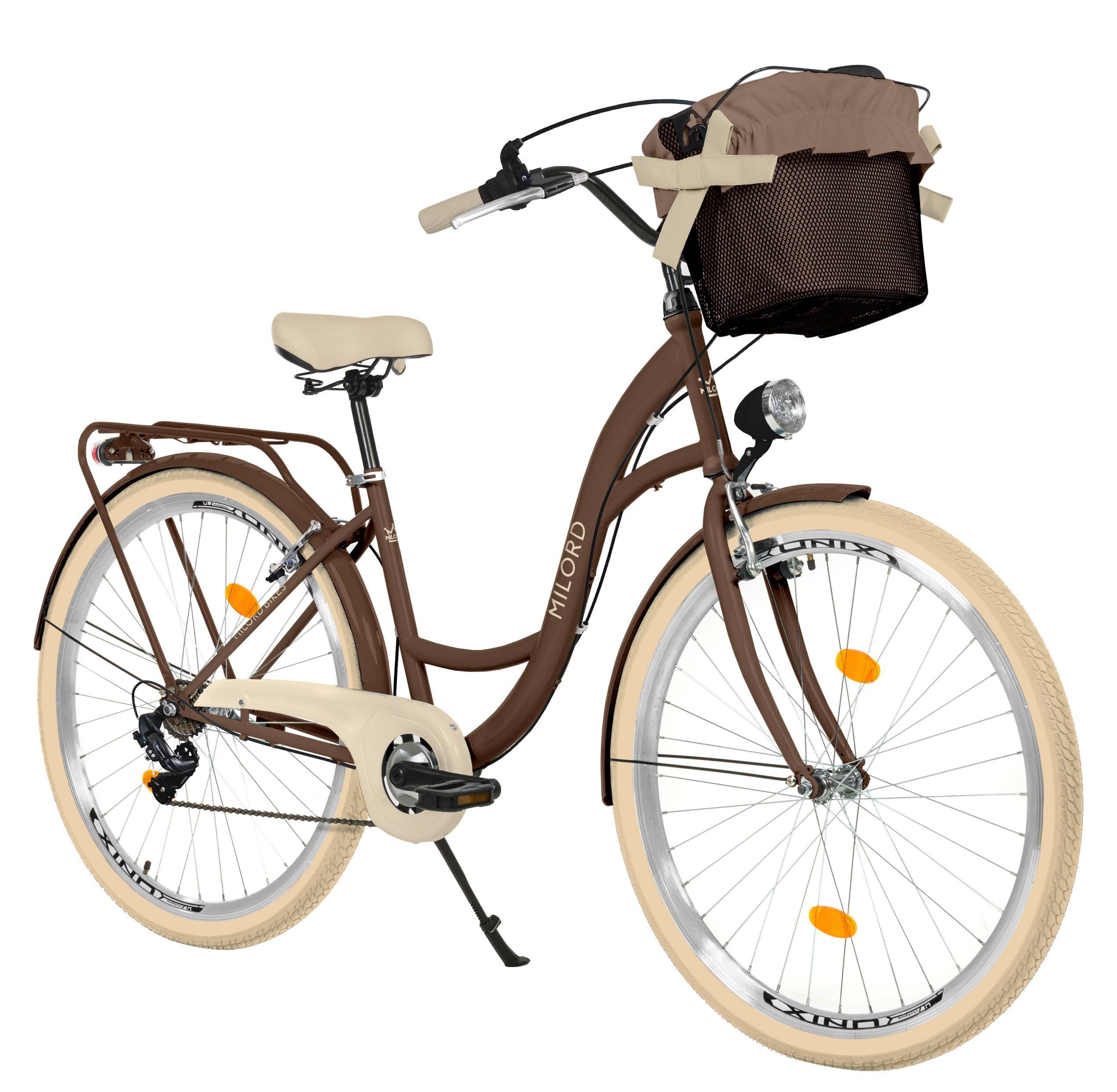 Milord Cityrad Damenfahrrad Citybike Mit Metallkorb Fahrrad 26/28 Zoll 7-Gang Braun, (Fahrradständer, Gepäckträger, Klingel, Korb, Kotflügel)