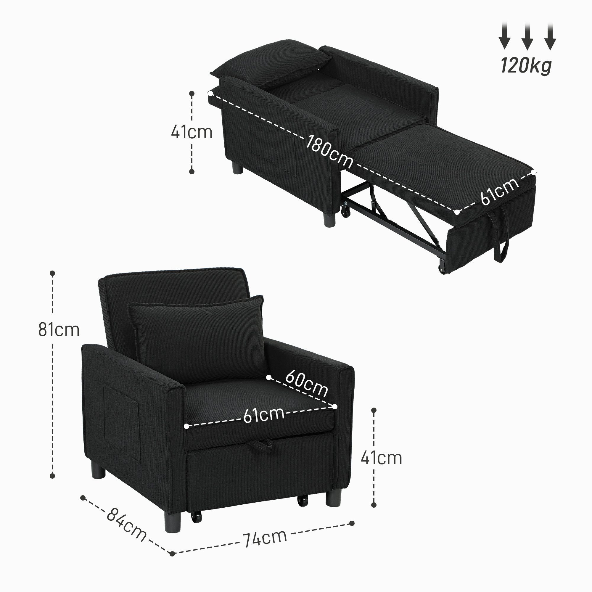 HOMCOM Sessel 3-in-1 Schlafsessel, Klappbett mit Bettfunktion, Lendenkissen (Liegestuhl, 1-St., Klappbett), für Wohnzimmer, Kord, Schwarz