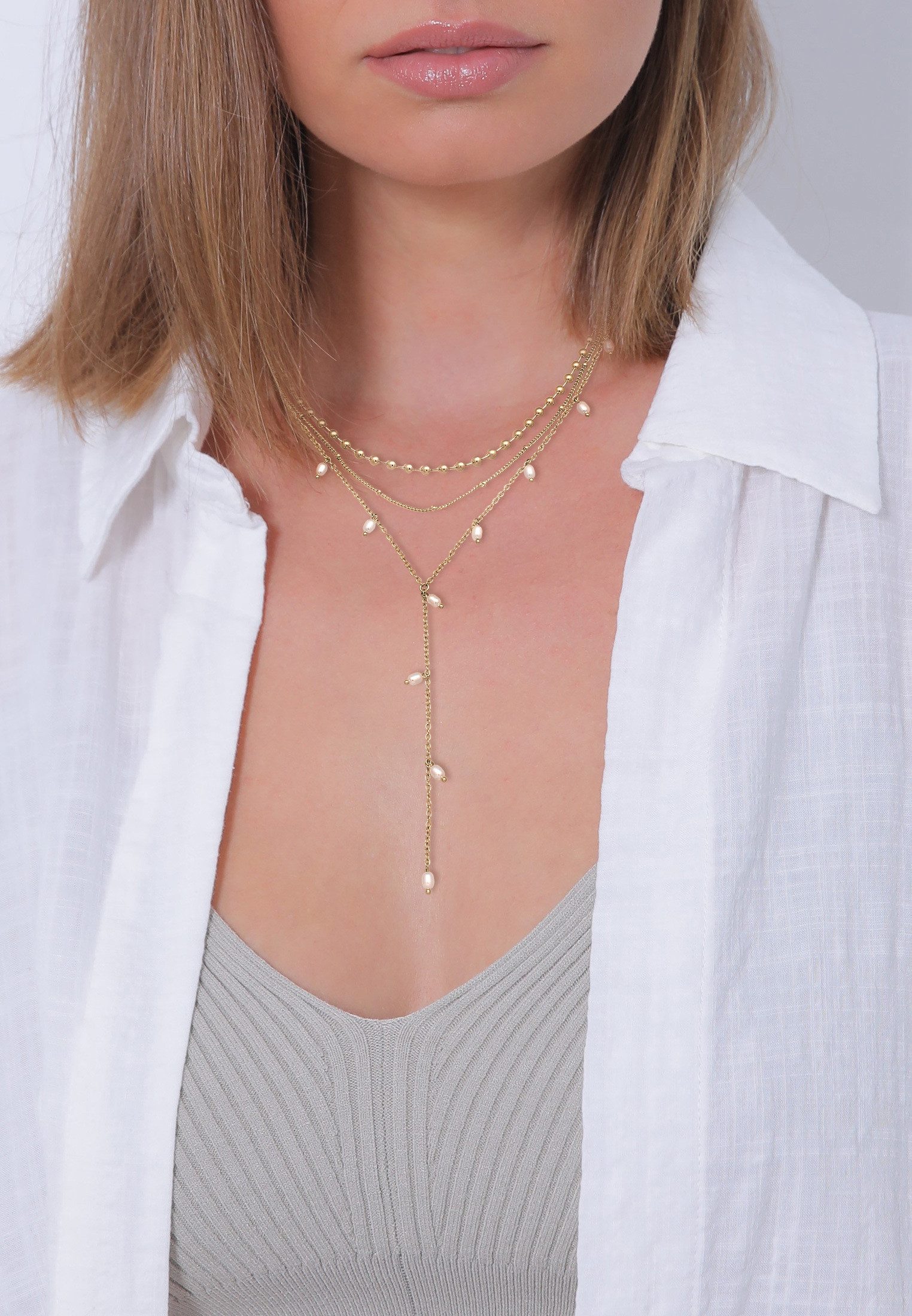 Elli Ketten-Set Y-Kette Layer Kugel Perlen Design Silberfarben 3er Set, Plättchen