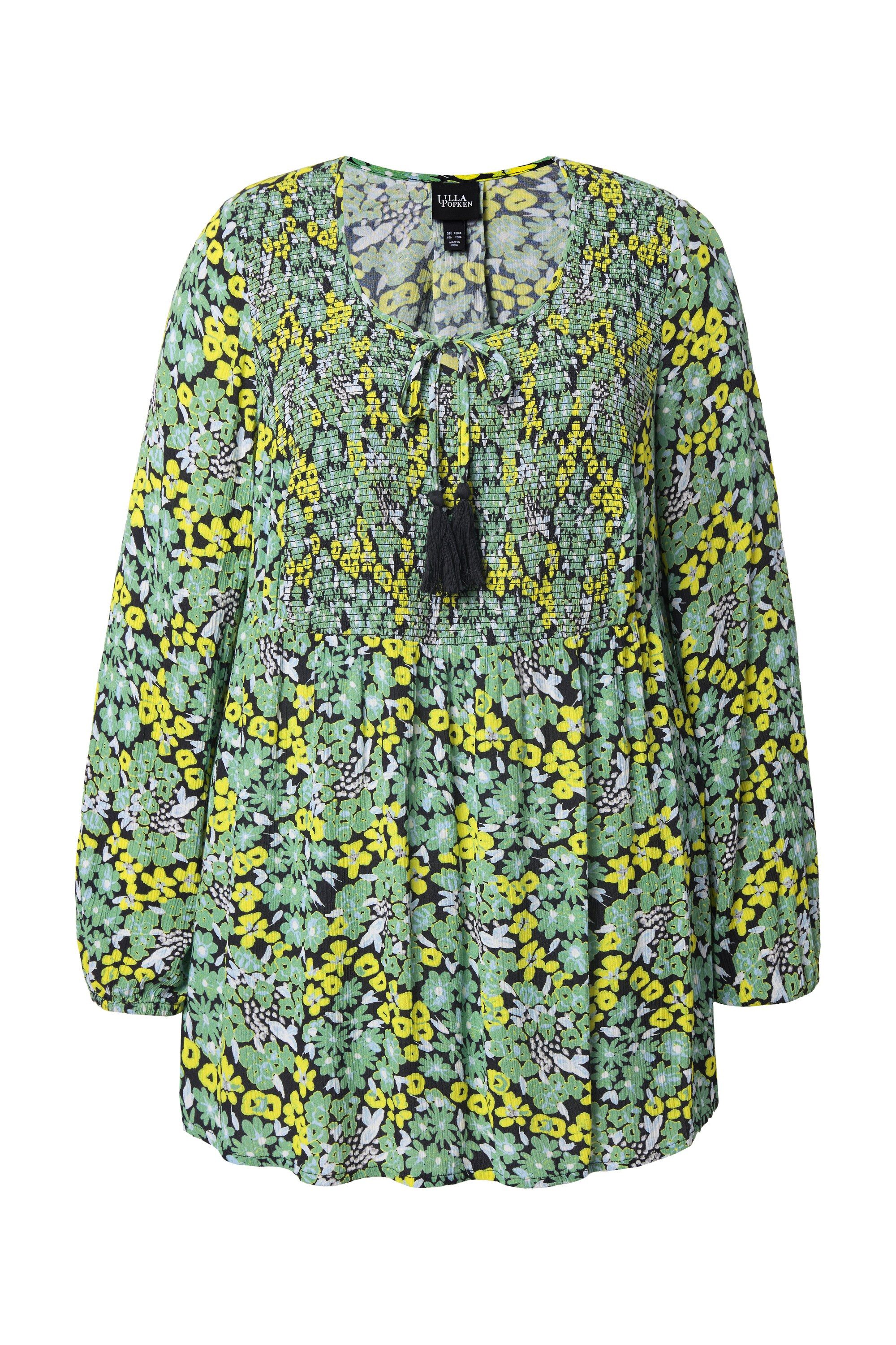 Druckbluse Smokbluse Blüten A-Linie Rundhals Langarm