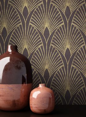 Newroom Vliestapete, Schwarz Tapete Pfauenfeder Modern - Mustertapete Retro Gold Blätter Grafisch für Schlafzimmer Wohnzimmer Küche
