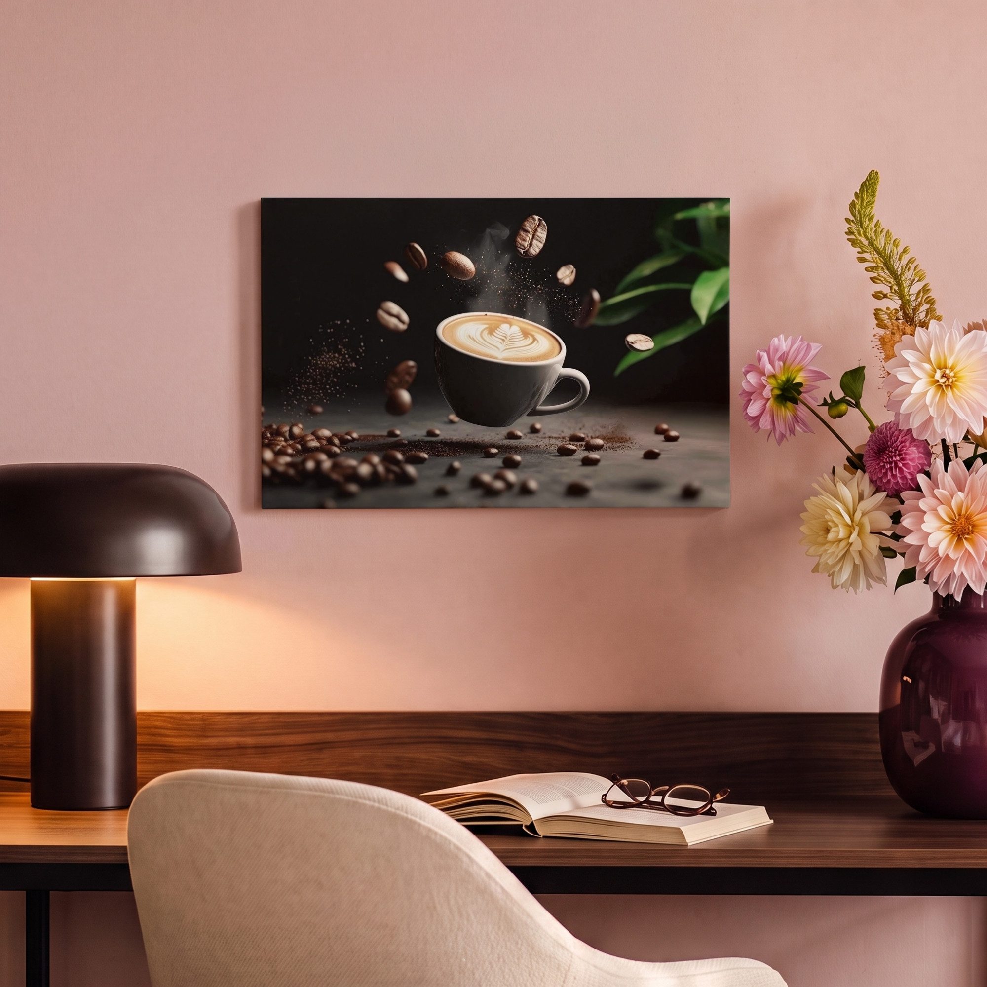 OneMillionCanvasses® Leinwandbild Cappuccino - Tasse - Bohnen - Braun, Fotodruck (1 St), Wandbilder für Esszimmer, Wanddeko Bilder Küche, 20x20 cm – Bild 4 von 5