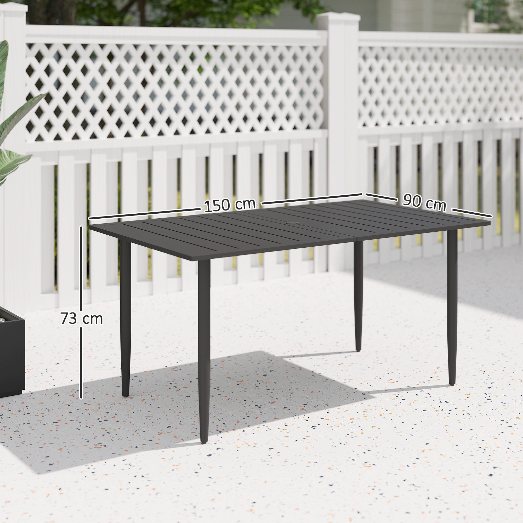 Outsunny Gartentisch mit Schirmloch, Lamellendesign (Outdoor Campingtisch aus Stahl, 1-St., wetterfest Balkontisch), 150 x 90 cm, für Garten, Balkon, Schwarz