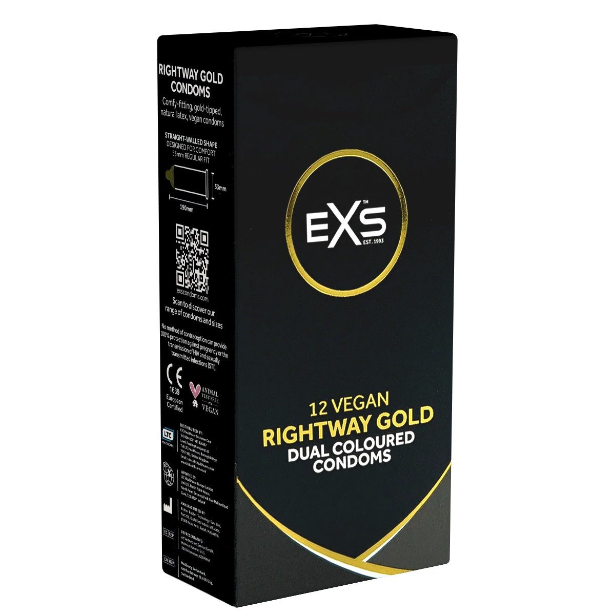 EXS Презервативы Rightway Gold Packung mit, 12 St., zweifarbige Презервативы mit goldfarbener Spitze, für einfaches Überziehen, auch für Anfänger geeignet