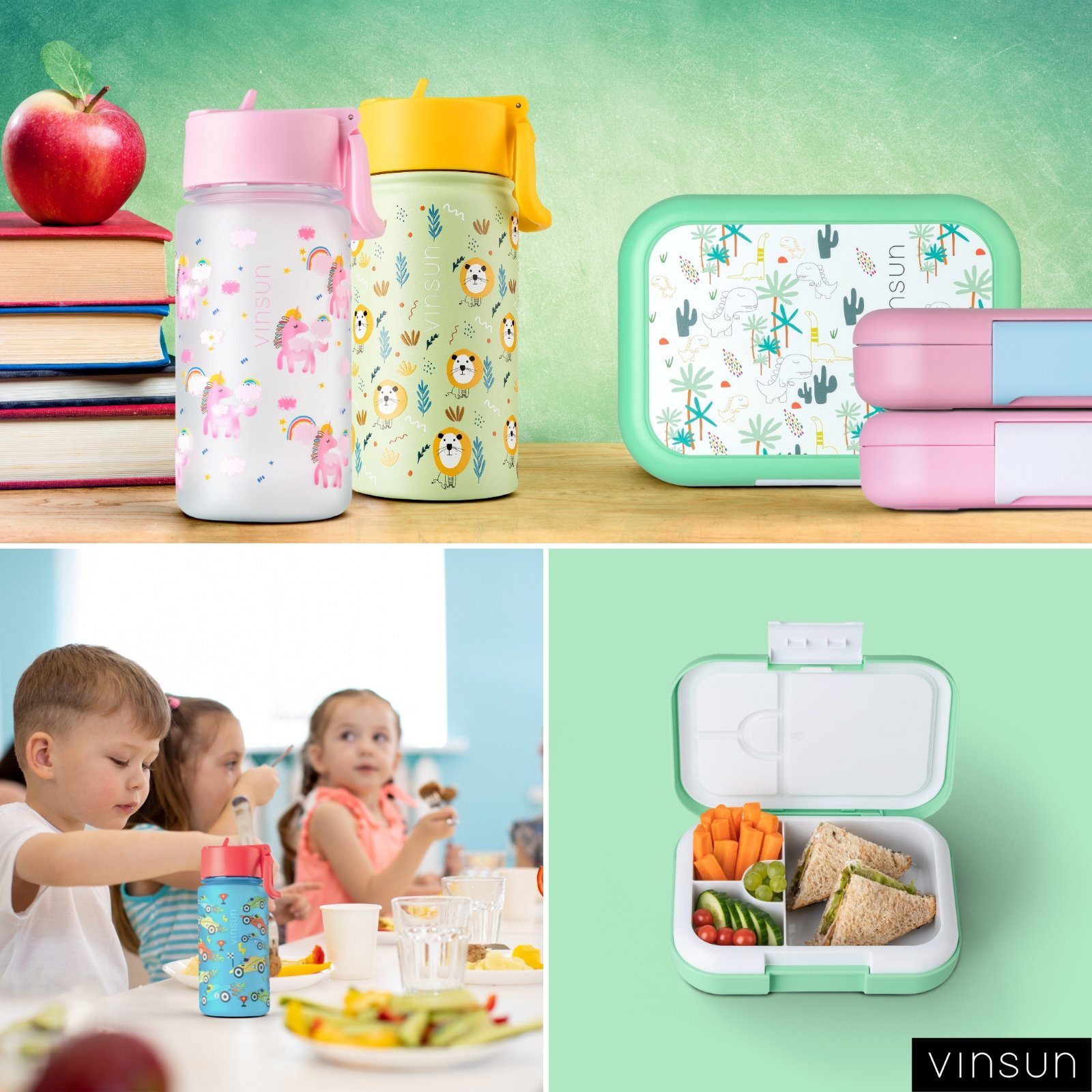 Vinsun Lunchbox Brotdose Kinder 4 Fächer - Auslaufsicher - Spülmaschinen geeignet, Kunststoff (PP Material), BPA frei, auslaufsicher, bruchsicher, Geruchs- und Geschmacksneutral
