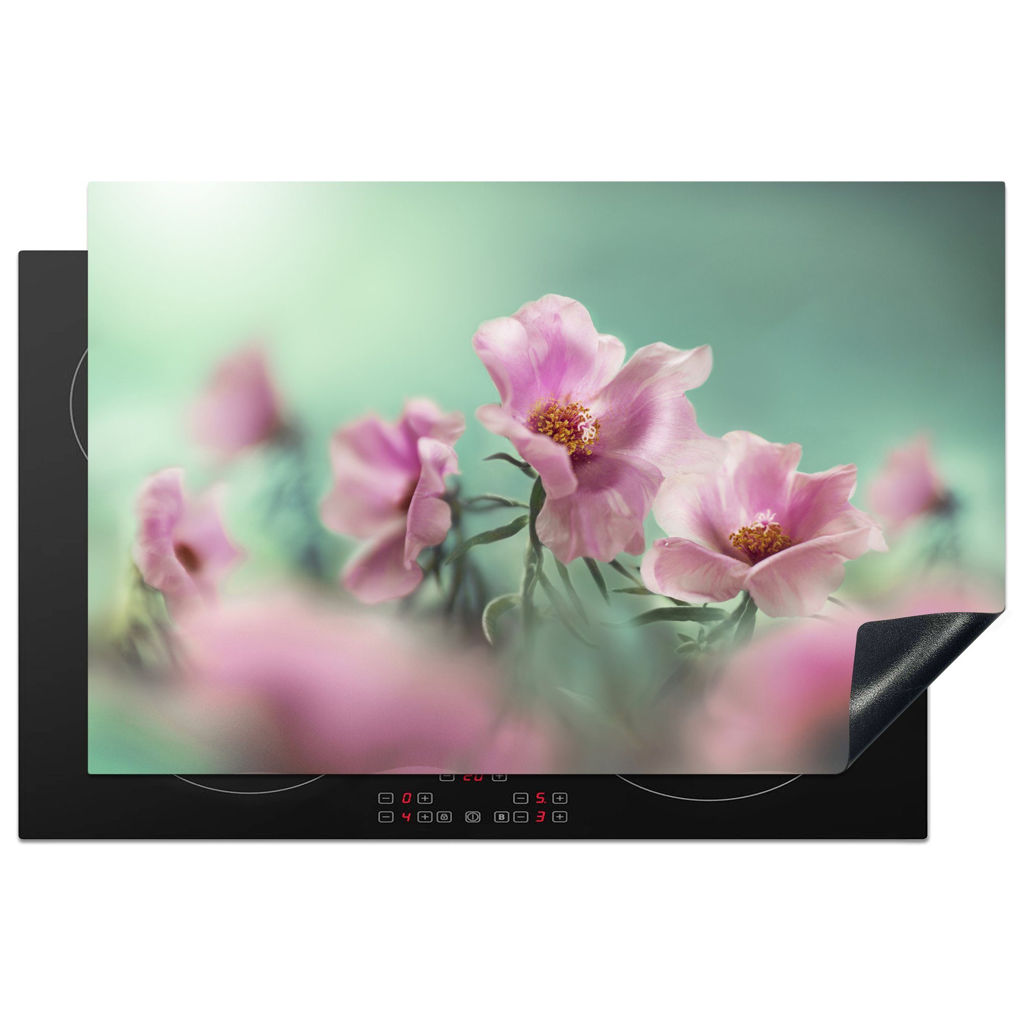 MuchoWow Herdblende-/Abdeckplatte Blätter einer rosa Tulpe mit türkisfarbenem Hintergrund, Vinyl, (1 tlg), 81x52 cm, Induktionskochfeld Schutz für die küche, Ceranfeldabdeckung