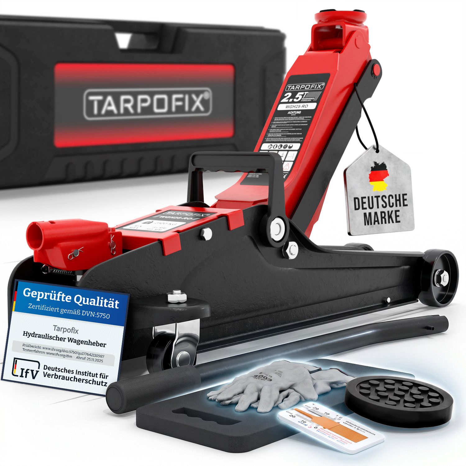 Tarpofix® Wagenheber hydraulisch flach SUV tiefergelegt EN 1494, max. Hubhöhe: 38 cm, Rangierwagenheber im Koffer, 7-tlg., inkl. Handschuhe & Kniematte, 2,5 t Hub 85-380 mm
