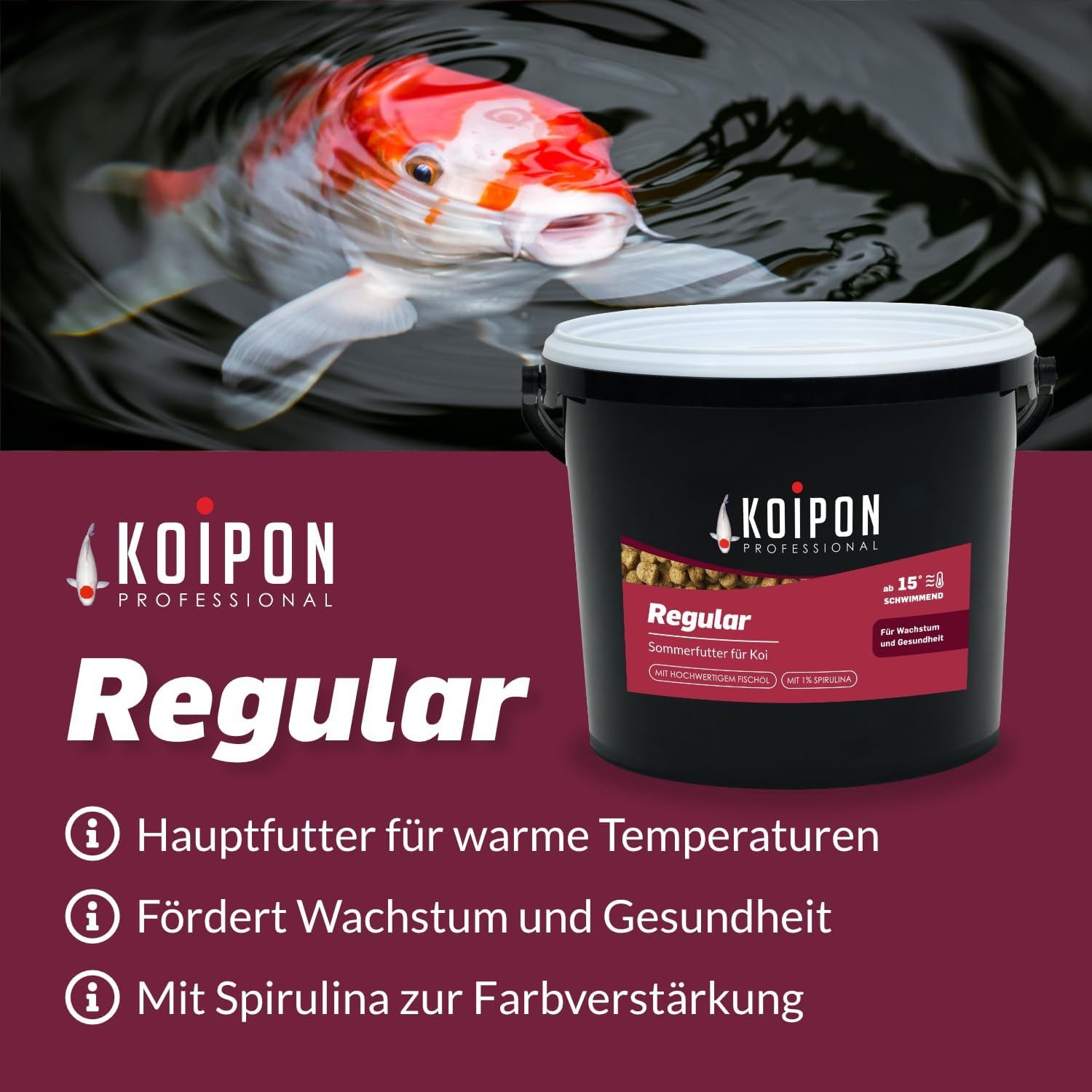 KOIPON KOIPON Regular 6mm Sommerfutter mit Spirulina für Koi, Trockenfutter für: Koi, Goldfische, Teichfische, Zierfische, Sommerfutter, Spirulina Farbverstärkung, Muskelaufbau, Made in Germany