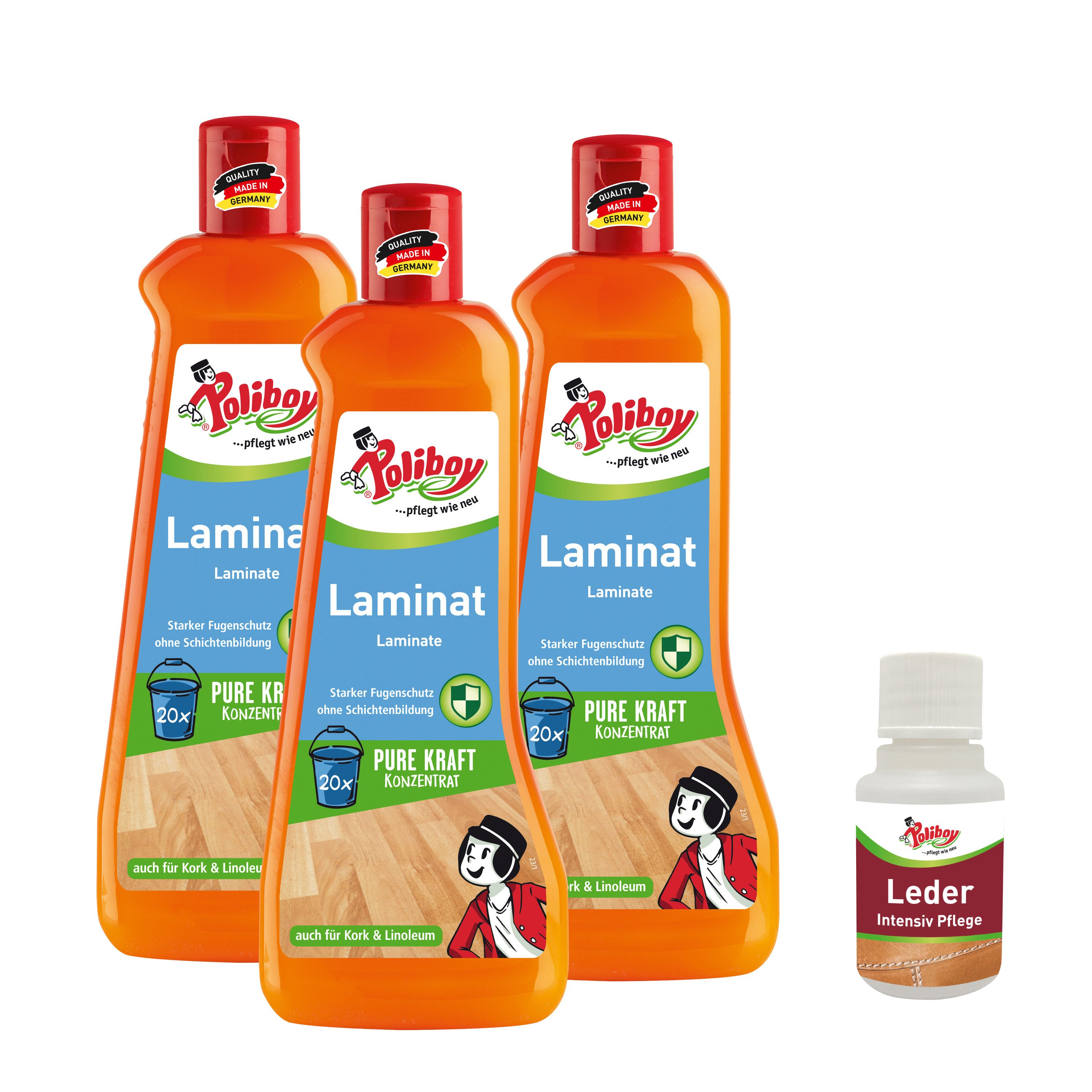 poliboy 99A4301, Laminat Pflege Konzentrat - 3x500 ml - mit Leder Probe Laminatreiniger (auch für Kork und Linoleum - Kraftvoll/Streifenfrei - Made in Germany)