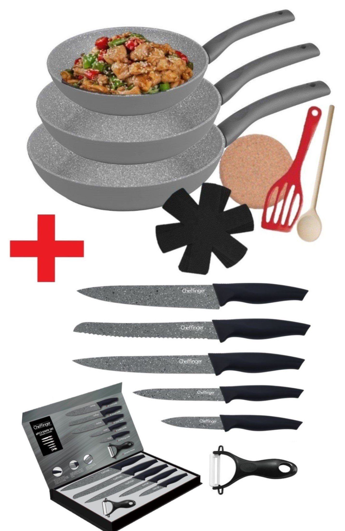 KESSMANN Pfannen-Set Induktion Pfannen 20cm 24cm 28cm mit Zubehör 6tlg + Messerset 6tlg, Aluminium (Set, 12, 12-tlg., Inkl. 1 Wender + 1 Kork-Untersetzer + 1 Holzlöffel Antihaft rostfrei), Pfannenset alle Herdarten Induktionsherd Messerblock Küchen Messer