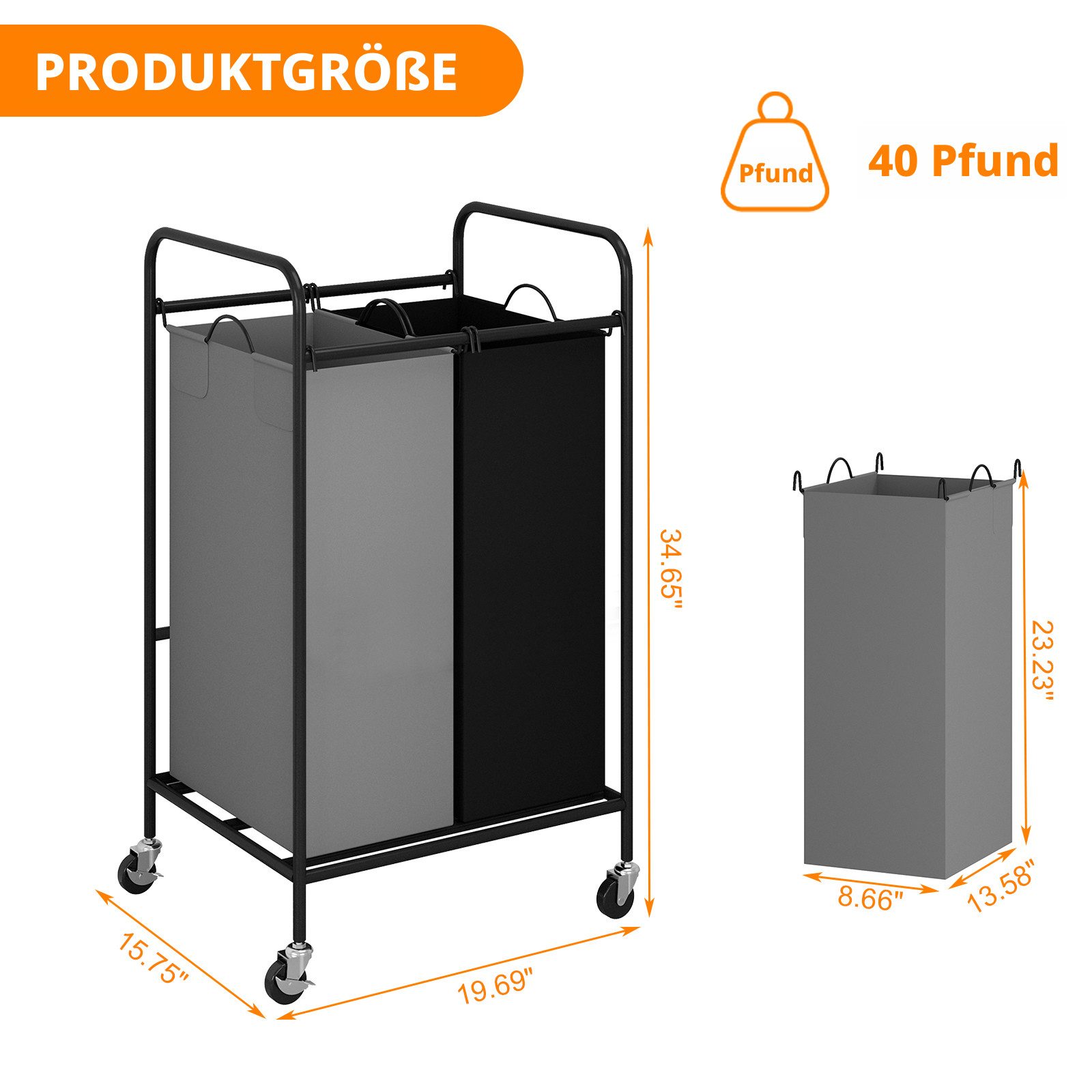 GarveeMore Wäschesortierer Wäschekorb, abnehmbare wasserdichte Taschen, feststellbare Rollen, nach Farben sortierte Kleidersäcke, 2 order 3 Fächer, Eisenrahmen