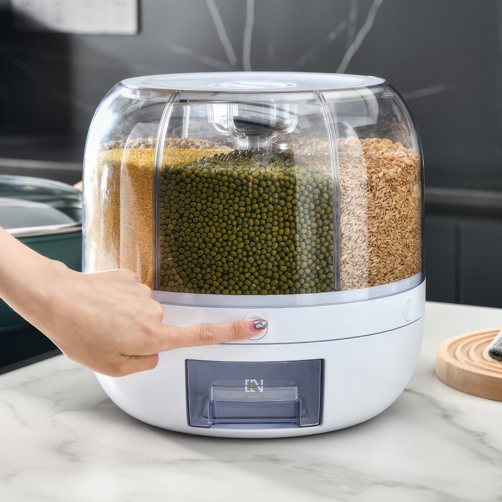 BlingBin Müslispender 360° Drehbarer Getreidespeicher, Lebensmittelspender mit 6 Fächern, PP-Kunststoff, (1er Set, 1-tlg., Abmessungen: 22 x 23,6 CM), Aufbewahrungsbehälter mit Deckel für Reis Getreide Nüsse