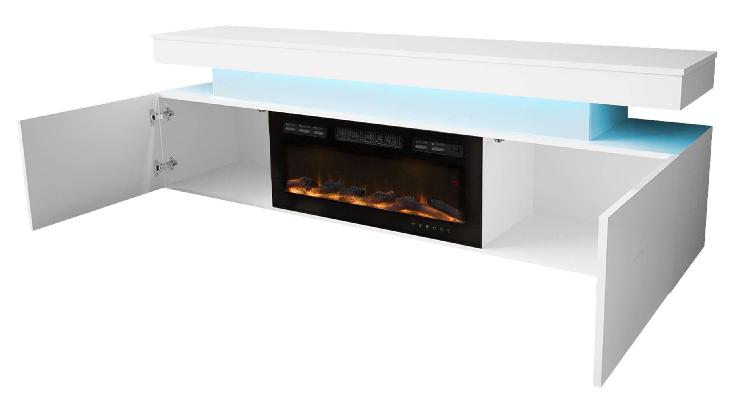 MIRJAN24 TV-Schrank EF 2D Glossa mit Kamin (mit zwei Drehtüren) mit blauer LED-Beleuchtung, Realistische LED-Flamme