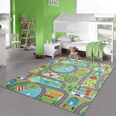 Kinderteppich Kinder Spielteppich mit Stadtlandschaft auf Wiese in grün, Teppich-Traum, rechteckig, Höhe: 7 mm