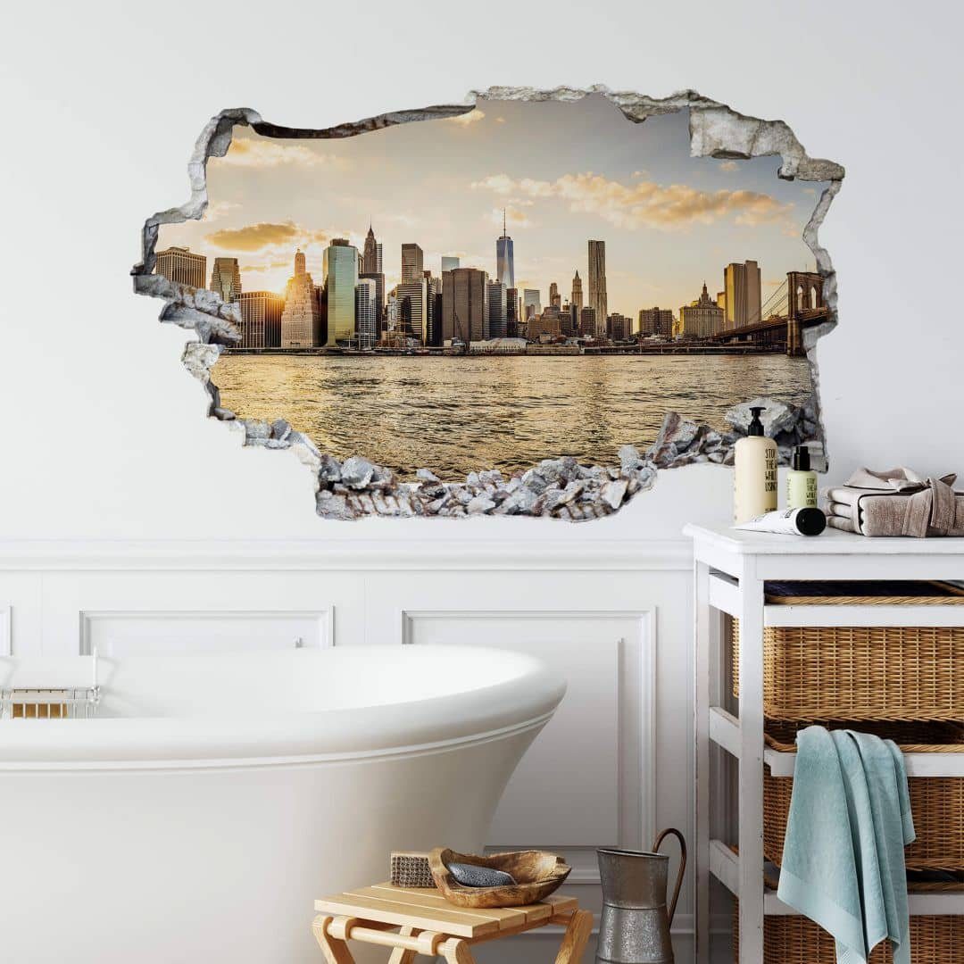 K&L Wall Art Wandtattoo 3D Wandtattoo Stadt Urlaub Skyline Wandsticker Manhattan Sundown modern, Mauerdurchbruch Wandbild selbstklebend