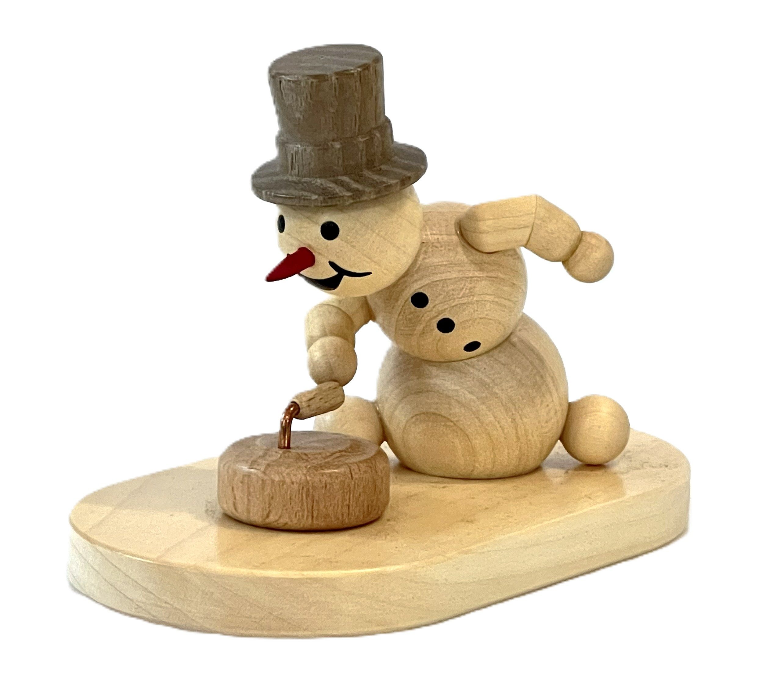 Drechslerei Volkmar Wagner Räuchermännchen Schneemann „Curlingspieler mit Stein“ - 7 cm - Original Erzgebirge