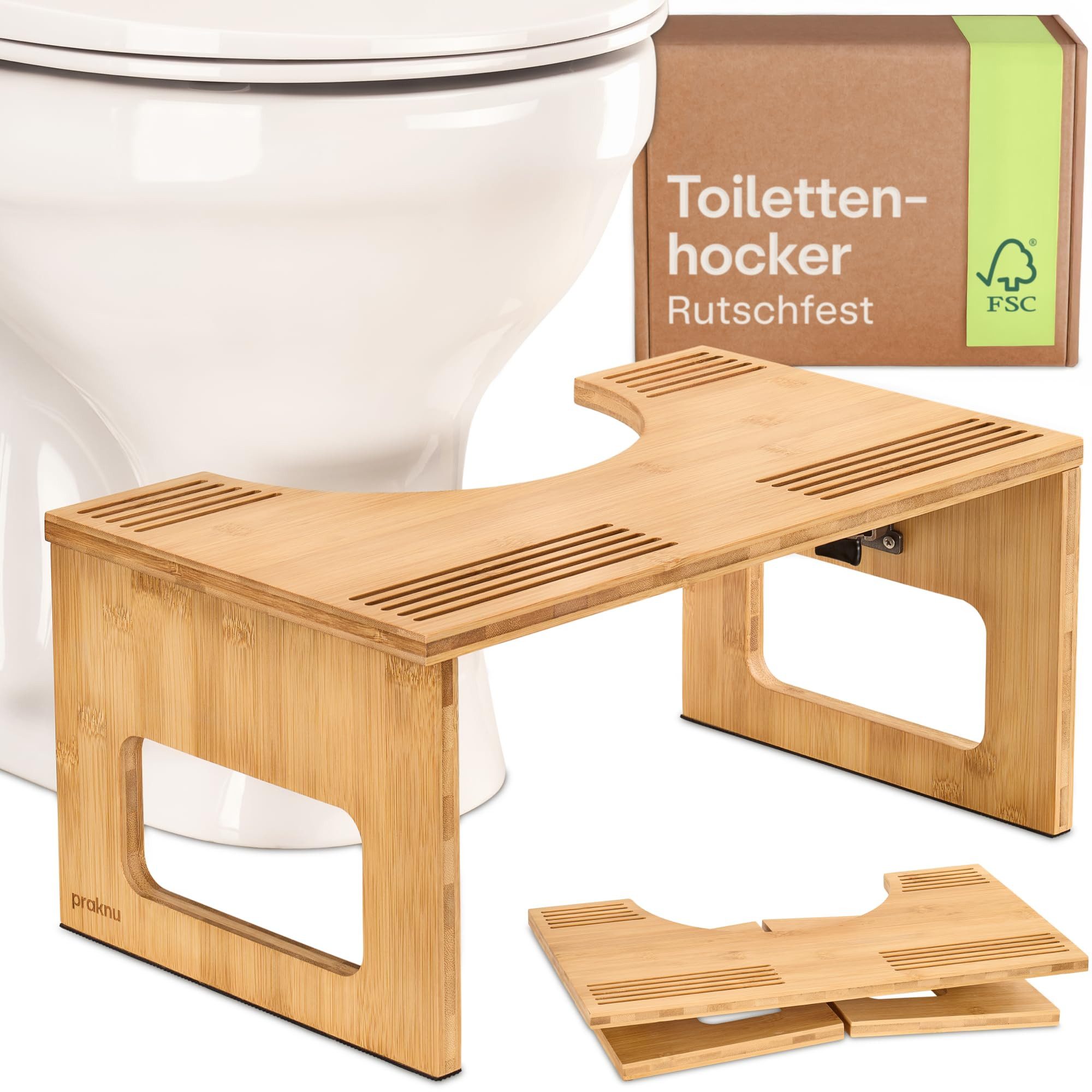 Praknu Fußhocker Klappbarer Toilettenhocker aus FSC® Bambus - Holz (Einzelstück), WC-Hocker für Erwachsene - Ergonomischer Klohocker fürs Badezimmer