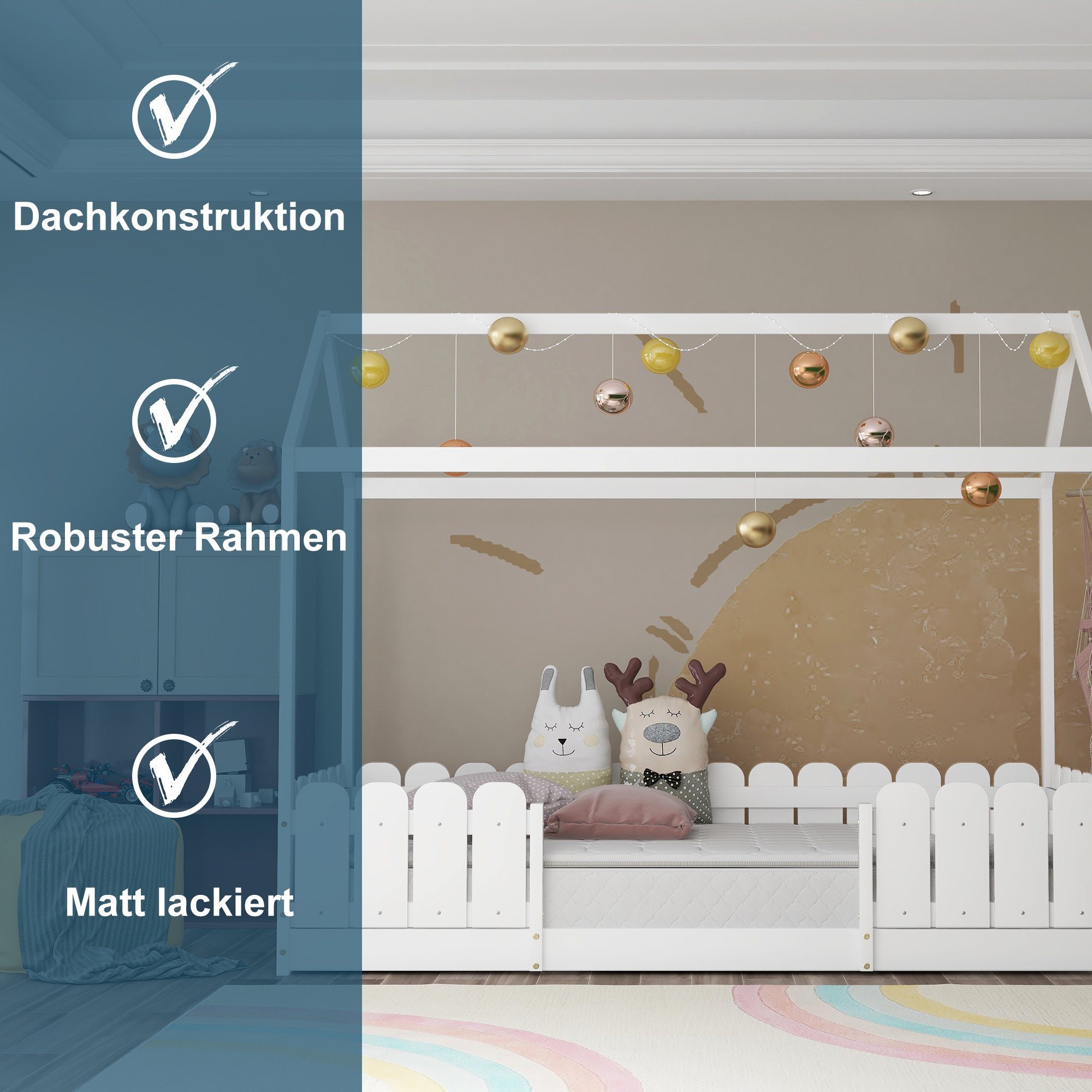 Kinderbett (Hausbett für Kinder, Mädchen und Jungen), Kinderbett 90 x 200 cm mit Rausfallschutz und Lattenrost