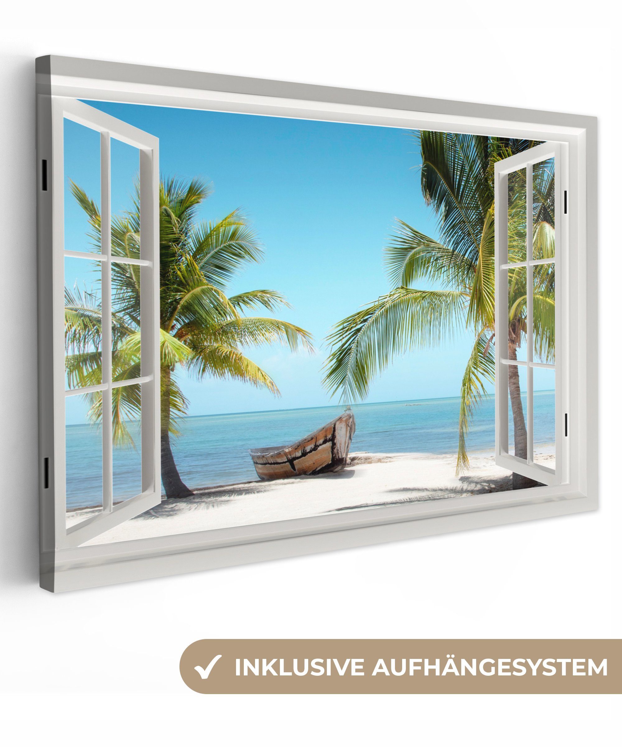 OneMillionCanvasses® Leinwandbild Aussicht - Strand - Palme - Boot - Tropisch - Meer - Blau, (1 St), Wandbild für alle Wohnbereiche, Gemälde, XXL, großes, 120x80 cm