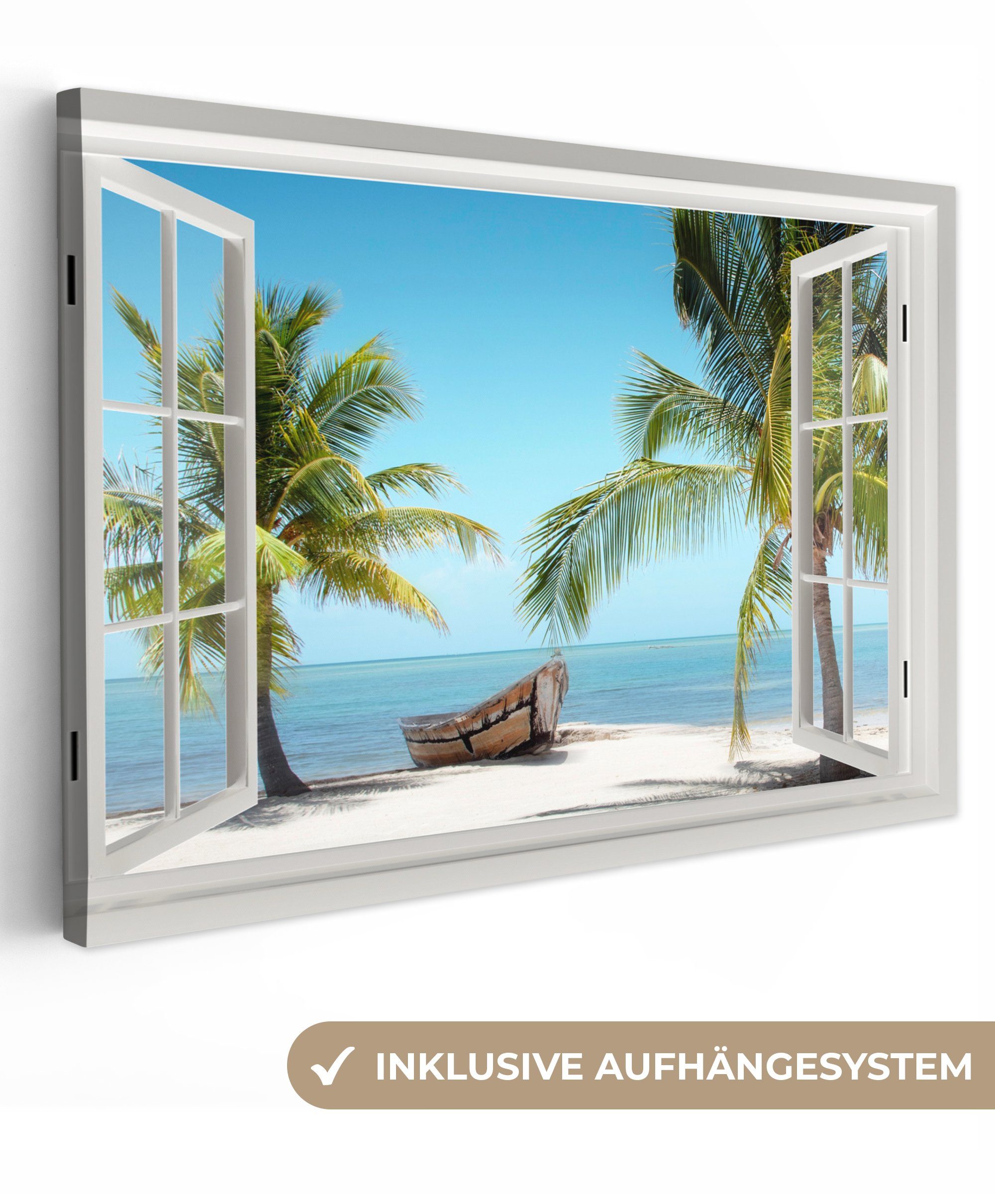 OneMillionCanvasses® Leinwandbild Aussicht - Strand - - - großes, Tropisch Wandbild cm St), Gemälde, 120x80 XXL, Blau, Wohnbereiche, Meer (1 Boot Palme für alle - 